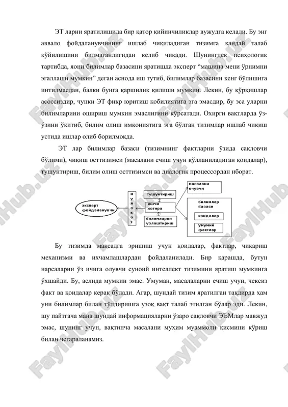 а ҳам дастур тузиш мумкин. ваҳоланки, сунъий интеллект усулини қўллаш масалани ечишни анча енгиллаштирар ва тезлаштирар экан. тузилган дастурларни иккисини ҳам алоҳида олинган қисми аниқ бир ишни бажаради, бироқ сунъий интеллектда тузилгани алоҳида хусусиятга эга. у ҳарактер жиҳатидан инсон интеллектига яқин, яъни озгина ўзгартиришлар ёки озгина қисм информация дастурни бутун структурасини ўзгартирмайди. бу ҳолат (гибкост) дастурлаш жараёнида юқори эффект беради, дастурлаш “тушуниш” ёки “фикр” қилиш имкониятини беради. сунъий интеллект масалани ечиш жараёнида инсон фикрига таянади. инсон миясини ишлаш принципи жуда мураккаб жараён бўлиб, олимлар бу қийин интеллект механизмини ўрганишмоқда. бироқ, сунъий интеллект тизимсида дастур тузиш учун мавжуд билимлар етарли. билимлар базаси сунъий интеллект ситемасида билимлар базаси муҳим ўрин эгаллайди. шу соҳанинг илгор мутахассиси стенфорд университети профессори эдвард фейганбаум билимлар асосида, компpютерга тузилган интеллектуал дастур жуда қийин бўлиб, бунда экспертга мурожаат этишни таoкидлайди. ўзи сунoий интеллект терминологияси аниқ бир тушунча бўлмай, биз уни синоними сифатида “эксперт тизимлар” ва “билимларга асосланган тизимлар” …