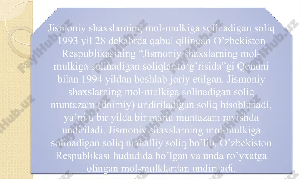kin emas. jismoniy shaxslarning mol-mulkini baholash bo’yicha vakolatli organ tomonidan aniqlangan soliq solish ob’ektining bahosi mavjud bo’lmagan taqdirda, mol-mulkning shartli qiymati toshkent va nukus shaharlarida, shuningdek viloyat markazlarida — qirq ikki million so’mdan kam bo’lmagan summaning besh baravari miqdorida, boshqa shaharlarda va qishloq joylarda esa — ikki baravari miqdorida soliq bazasi hisoblanadi. bitta jismoniy shaxs bir nechta soliq solish ob’ekti bo’yicha soliq to’lovchi bo’lgan taqdirda, soliq bazasi har bir ob’ekt bo’yicha alohida hisoblab chiqiladi. t/r soliq solish ob’ektlari soliq stavkalari (foizlarda) 1. uy-joylar va kvartiralar, dala hovli imoratlari (bundan umumiy maydoni 200 kv.m dan ortiq bo’lganlari mustasno), ko’p kvartirali uylarga uzviy bog’liq bo’lgan avtomashina turar joylari, shuningdek boshqa imoratlar, binolar va inshootlar 0,28/ 0,31 2. shaharlarda joylashgan uy-joylar va kvartiralar, umumiy maydoni: 200 kv.m dan va 500 kv.m ga qadar bo’lganlari 0,37/ 0,41 500 kv.m dan ortiq bo’lganlari 0,49/ 0,55 3. boshqa aholi punktlarida joylashgan, umumiy maydoni 200 kv.m dan …