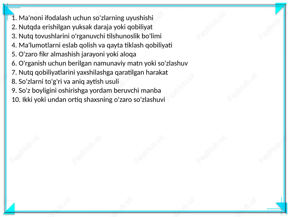 rganish jarayonida turli xil jihatlarni o‘z ichiga oladi. bu vazifalar quyidagilarni o'z ichiga olishi mumkin: 1. **kommunikatsiya ko‘nikmalarini rivojlantirish**: nutq o‘stirishning asosiy vazifasi shaxsning kommunikatsion imkoniyatlarini kengaytirishdir. buning uchun talabalar va o‘rganuvchilar bir necha turdagi mashqlar orqali o‘zining nutqini rivojlantirishi lozim. bu mashqlar orqali ular so‘z boyligini oshiradilar, grammatik tuzilmalarni mustahkamlaydilar va talaffuzini yaxshilaydilar. nutq rivojlantirish jarayonida turli simulyatsiyalar, intervyular va ro‘znomalar o‘quvchilar uchun samarali bo‘ladi. 2. **yozma va og‘zaki nutq madaniyatini oshirish**: nutq madaniyatini oshirish boshqa bir muhim vazifa hisoblanadi. bu qismda talaffuz, intonatsiya, so‘z tanlash va ifoda uslubi kabi elementlar katta rol o‘ynaydi. o‘quvchilar uchun og‘zaki va yozma nutqda o‘z fikrlarini aniq va to‘g‘ri tarzda ifoda etish qobiliyatini rivojlantirish muhimdir. shuningdek, ular turli uslublarda, rasmiy va norasmiy muhitlarda qanday muloqot o‘rnatishni o‘rganadilar. 3. **ko‘ngilochar va ta'limiy materiallar orqali til ko‘nikmalarini shakllantirish**: audiovizual vositalar, masalan, videolar, audiolar, teatr tomoshalari nutq o‘stirishning samarali usullaridan biridir. o‘quvchilar bu yo‘nalishda turli qiziqarli …