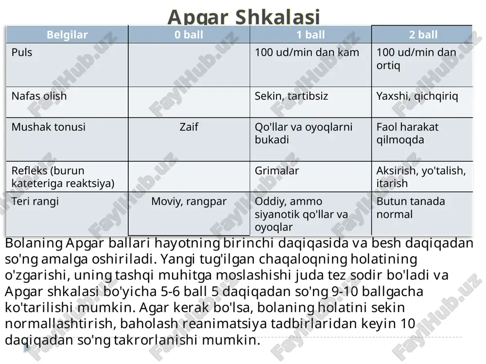 buzilishi va ularga g'amxo'rlik qilish asoslari. - yangi tug'ilgan chaqaloq terisining funktsiyalari. sog'lom bolaning terisini parvarish qilish tamoyillari va funktsional sharoitlarda. - yangi tug'ilgan chaqaloqning shilliq pardalari faoliyatining xususiyatlari, parvarish tamoyillari. - yangi tug'ilgan chaqaloqning oshqozon-ichak trakti faoliyatining xususiyatlari yangi tug'ilgan chaqaloqlarning eng keng tarqalgan kasalliklari asfiksiya, gemolitik kasallik, fiziologik sariqlik, toksik eritema, yangi tug'ilgan chaqaloqlarning pemfigusi, kindik yarasi infektsiyasi, kandidoz. yangi tug'ilgan chaqaloqlarning patologiyalari va kasalliklarining oldini olish va oldini olish kuzatuvchi ginekolog va pediatrning asosiy vazifasidir. homilador ayol kasal bo'lgan yoki kasal bo'lgan kasalliklar ro'yxati, homiladorlik paytida uning ovqatlanishi va uxlash tartibi katta ahamiyatga ega. umuman olganda, yangi tug'ilgan chaqaloqlar kasalliklarining sabablari noto'g'ri ovqatlanish, infektsiyalar va noqulay atrof-muhit sharoitlariga ta'sir qilishdir. asfiksiya tug'ma va orttirilgan asfiksiyani ajrating. tug'ma asfiksiya platsenta qon aylanishining buzilishi holatlarida (bachadonning kuchli qisqarishi, kindik ichakchasidagi bosim va boshqalar bilan) yuzaga keladi. og'irligi bo'yicha ikkita klinik shakl ajratiladi: ko'k (engilroq) va rangpar (og'ir shakl). moviy …