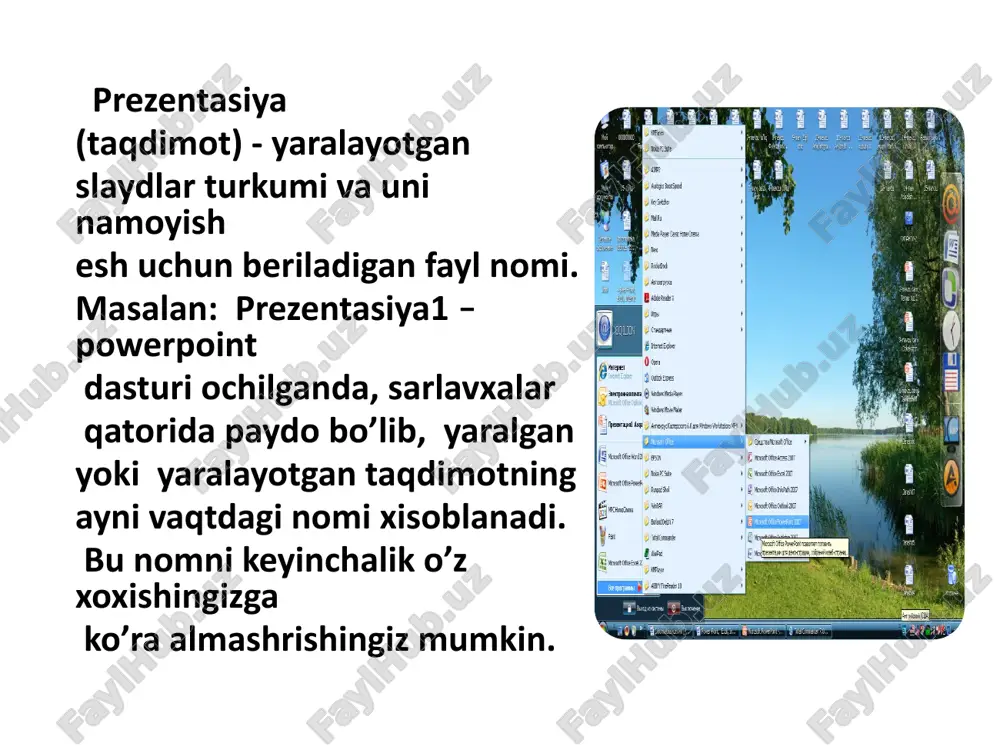 ekti. belgilarning namoyish ekranida ketma-ket uchib tushishini ta'minlaydi. slaydlar rejimida ishlash bu rejimda yangi slayd yaratish, uning belgisini o’zgartirish, slayd matnini terish, taxrir qilish, slaydlarni guruxlash, rang sxemasini o’zgartirish xamda maxsus fon yaratish mumkin. ushbu rejimda tayyorlangan slayddan bir namunani ko’rib turibsiz. · yangi slayd yaratish uchun darchaning standart uskunalar panelidagi (slayd yaratish) tugmachasi bosiladi. · slayd belgisi, turi, ko’rinishlarini o’zgartirish uchun darchaning standart uskunalar panelidagi (slaydni belgilash) tugmachasi bosiladi. · slaydlarning bezash ishlarini o’zgartirish uchun shu paneldagi primenit oformlenie (jixozlash ko’llanilsin) tugmasi bosiladi. slaydga matn kiritish va uni taxrir qilish 2 usulda amalga oshiriladi: 1) matn uchun ajratilgan maydonga sichqoncha ko’rsatkichi olib kelib bosiladi va kursor paydo bo’lgandan so’ng matn klaviatura orqali kiritiladi; 2) sichqoncha ko’rsatkichi "a" tugma (piktogramma)siga olib kelinib bosiladi va kerakli soxaga matn kiritiladi. aim.uz powerpoint dasturidagi qo’shimcha elementlar bilan ishlash rasm qo’yish. taqdimotga rasm qo’yish yoki rasmni boshqa taqdimotdan olib qo’yish mumkin. buning uchun quyidagi …