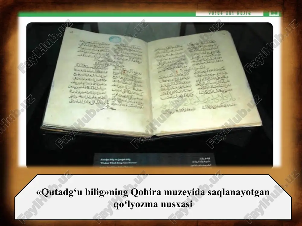 kirsa, o‘lim kelib tutmaguncha o‘z tarzini buzmaydi, deb uqtiradi. oyto‘ldi butun umrini el-yurt ishiga, mamlakat ravnaqiga, yurtda tinchlik, osoyishtalik va farovonlikni yuksaltirishga sarflaydi. ammo voqealar davomida vafot etadi. aslida, bu davlatning bebaqoligiga ishoradir. davlatga oyto‘ldi degan nomning berilishi ham ramziy-majoziy ishoralarga boy. ular yuqoridagi matnlar mazmuniga singdirilgan. (o‘sha o‘rinlarni yana bir marta qayta o‘qib ko‘ring). o‘gdulmish – asardagi eng faol qahramon. u – oyto‘ldining o‘g‘li. o‘gdulmish so‘zining ma’nosi o‘g bilan bog‘liq. u aql, aql­idrok ma’nosiga ega. o‘gdulmish «aql bilan ziynatlangan» demakdir. elig bilan savol-javoblarda o‘gdulmish turli-tuman kasb-hunar, amal-martaba egalarining fazilatlari haqida gapiradi. uning bek, vazir, elchi, kotib, xazinachi va boshqalar haqidagi fikrlari hayotiyligi, pand-u o‘gitlarga boyligi bilan ajralib turadi. yusuf xos hojib «davlat adolat va aql bilan boshqarilmog‘i kerak» degan fikrni ramziy shaklda ifodalagan. o‘gdulmish va o‘zg‘urmishning savol-javoblari ba’zan keskin munozara darajasiga yetadi. o‘gdulmish shunda ham bosiqlik qiladi, aql bilan fikr yuritadi, natijada o‘zg‘urmishni o‘z g‘oy alariga ishontira oladi. uning …