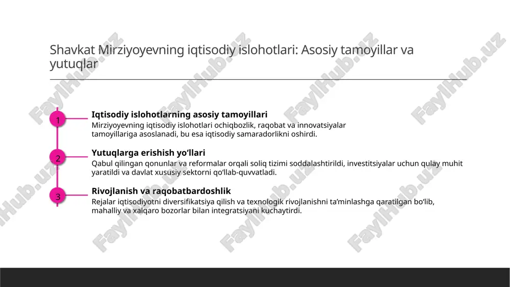 i quradi. innovatsiyalar va texnologik rivojlanish zamonaviy texnologiyalar va ta'lim metodlari madaniyat va ta'lim sohalarida modernizatsiyani qo'llab-quvvatlab, xalqaro raqobatbardoshlikni oshiradi. milliy madaniyatni asrash va rivojlantirish o'zbekistonning boy madaniy merosi qadr-qimmatini saqlash, uni dunyo miqyosiga chiqarish va yosh avlodga etkazish davlat siyosatining strategik yo‘nalishidir. shavkat mirziyoyevning tashqi siyosat strategiyalari va markaziy osiyodagi roli strategik tashqi siyosat mirziyoyevning tashqi siyosat strategiyasi mintaqaviy barqarorlik va hamkorlikni mustahkamlashga qaratilgan bo‘lib, markaziy osiyo davlatlari bilan hamkorlikni rivojlantiradi. rivojlangan regional hamkorlik prezident, ayniqsa, transport va energetika sohasida, mintaqaviy hamkorlikni kengaytirish uchun yangi tashabbuslarni ilgari surmoqda, yangi imkoniyatlar yaratmoqda. tashqi diplomatiya roli mirziyoyevning tashqi diplomatiyasi orqali o‘zbekiston xalqaro maydonda o‘z o‘rnini mustahkamlab, xalqaro tashkilotlar bilan faol hamkorlik qilmoqda. hududiy hamkorlikda erishilgan yutuqlar va yangi imkoniyatlar 1 hududiy hamkorlikdagi yutuqlar o'zbekiston va yaqin mintaqadagi davlatlar o'rtasida iqtisodiy, madaniy va transport sohalarida hamkorlik kengaydi, yangi loyihalar amalga oshirilmoqda. 2 yangi imkoniyatlar transport, energetika va savdo sohalarida yangi loyihalar va …