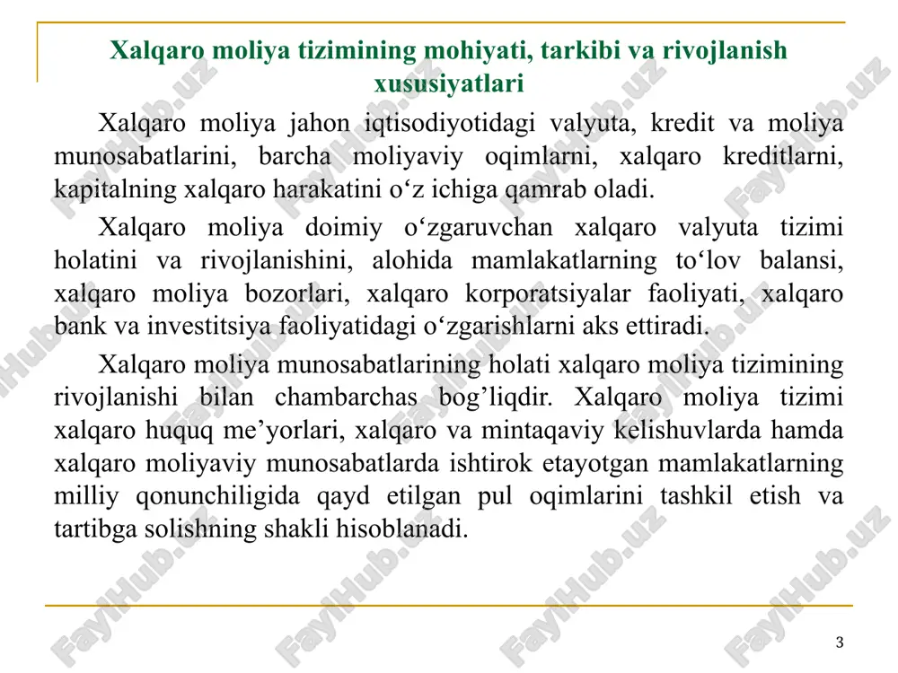 ; valyuta kurslari rejimlarini tartiblashtirish va valyuta cheklovlarini tartibga solish; xalqaro valyuta likvidligini tartibga solish; kredit, sug’urta, investitsiya va fond operatsiyalari xalqaro qoidalarini birxillashtirish; mazkur funktsiyalarni amalga oshiruvchi va nazorat qiluvchi xalqaro moliya institutlarini tashkil etish. 9 zamonaviy moliya tizimi iqtisodiy sub’ektlar moliyaviy faoliyatini ta’minlashga yo’naltirilgan moliyaviy vositalar, mexanizmlar va tartiblar-qoidalar, oʻzaro bog’liq va birgalikda faoliyat yurituvchi institutlarning murakkab majmuasini oʻzida ifodalaydi. jahon iqtisodiy tizimining muhim tarkibiy qismi bo’lgan moliya tizimi doimiy oʻzgarish va rivojlanish jarayonida boʻladi. jahon iqtisodiyoti globallashuvining ta’sirini inobatga olgan holda, moliya tizimi rivojlanishining mezoni sifatida quyidagi institutsional oʻzgarishlarni qayd etish lozim: jahon moliya tizimining tranzaktsion xarajatlari hajmi; moliyaviy bozorlar va milliy moliya tizimlarining faoliyati toʻg’risidagi axborotning toʻliqligi; yagona ishlab chiqarish jarayoni doirasida global moliya tizimining faoliyat yuritish tamoyillari va usullarini amalga oshirish. 10 xalqaro moliya tizimi rivojlanishining quyidagi asosiy xususiyatlarini keltirish mumkin: jahon bozorining hamda jahon moliya tizimi turli ishtirokchilari oʻrtasidagi amalga oshiriladigan moliyaviy bitimlarning keskin …