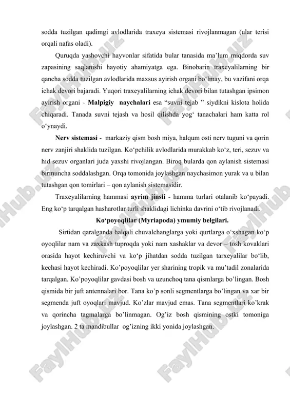 bo’lingan. bosh qismida bir juft antennalari bor. tana ko’p sonli segmentlarga bo’lingan va xar bir segmenda juft oyoqlari mavjud. ko’zlar mavjud emas. tana segmentlari ko’krak va qorincha tagmalarga bo’linmagan. og’iz bosh qismining ostki tomoniga joylashgan. 2 ta mandibullar og’izning ikki yonida joylashgan. ko’poyoqlilar (myriapoda) guruhi traxeya bilan nafas oluvchi 13000 turni birlashtirgan 4 ta sinfga bo’linadi. 1. laboyoqlilar ( chilopoda) sinfi. (qirqoyoq) 2. ikkijuft oyoqlilar yoki kivsyaklar ( diplopoda) sinfi. ( mingoyoq) 3. pauropodalar ( pauropoda) sinfi. 4. simfilalar (symphyla) sinfi. laboyoqlilar (chilopoda) va symphyla sinflari. laboyoqlilar yoki qirqoyoqlilarni 15 juftdan 19 juftgacha (hamisha toksonli juft oyoqlari bo’ladi) oyoqlari bo’ladi. ular yer yuzini quruqlik qismini hamma joylarida uchraydi. ko’pchiligi tunda hayot kechiradi. 2800 ta turi qayd qilingan va 5ta turkumga bo’lingan. laboyoqlilarning tanasi 25-30 sm gacha, kunduzi, tuproqning ustki qavati, tosh, kesak, eski devorlar orasida yashirinib kechqurun aktivlashadi. hamma avlodlari yirtqich. turli mayda hayvonlar, hatto baqa, kaltakesak va mayda sut …