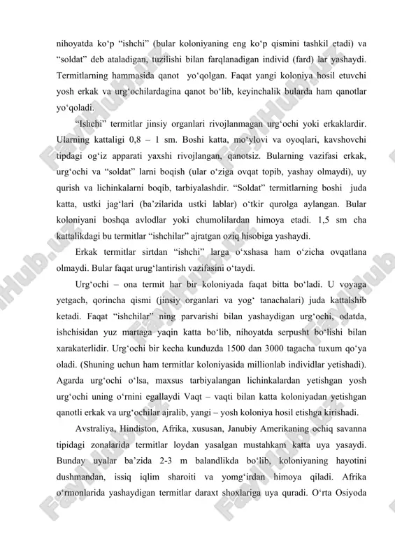 ham termitlar koloniyasida millionlab individlar yetishadi). agarda urg‘ochi o‘lsa, maxsus tarbiyalangan lichinkalardan yetishgan yosh urg‘ochi uning o‘rnini egallaydi vaqt – vaqti bilan katta koloniyadan yetishgan qanotli erkak va urg‘ochilar ajralib, yangi – yosh koloniya hosil etishga kirishadi. avstraliya, hindiston, afrika, xususan, janubiy amerikaning ochiq savanna tipidagi zonalarida termitlar loydan yasalgan mustahkam katta uya yasaydi. bunday uyalar ba’zida 2-3 m balandlikda bo‘lib, koloniyaning hayotini dushmandan, issiq iqlim sharoiti va yomg‘irdan himoya qiladi. afrika o‘rmonlarida yashaydigan termitlar daraxt shoxlariga uya quradi. o‘rta osiyoda qizilqum, qoraqum va shu rayonga tutash joylarda tarqalgan termitlar esa yerni 12 m gacha kavlab uya yasashadi. termitlar, asosan, yog‘och mahsuloti bilan oziqlanadi. lekin, ularning o‘rtasida teri, jun, hayvon o‘ligi kabi turli narsalarni yeydigan turlari ham ko‘p. termitlar tarqalgan rayonlarda imorat, ko‘prik va uy anjomlarining tez yemirilishi ko‘p sodir bo‘ladi. bularning 2500 dan ortiqroq turi ma’lum. beshiktervatlar (montoptera) turkumi. beshiktervatlar – ancha yirik yirtqich hasharotlar bo‘lib, ko‘pchilik turlari tropik …