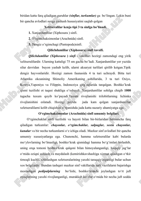 o‘tkir tirnoqli kuchli, xitinlashgan xeletseralarining yaxshi taraqqiy etganligi bular uchun xos belgilardir. bundan tashqari mazkur sinf vakillarida turli vazifalarni bajarishga moslashgan pedipalplarning bo‘lishi, boshko‘krakda joylashgan to‘rt juft oyoqlarining yaxshi rivojlanganligi, murakkab ko‘zlar o‘rnida bir necha juft sodda ko‘zlar mavjudligi, ko‘pchilik avlodlarida oldingi qorincha oyoqlarini nafas olish organiga aylanganligi va boshqa xususiyatlar bilan xarakterlanadi. ko‘rsatib o‘tilgan organlar va umuman tananing tuzilishi ko‘pchilik parazitlik bilan hayot kechiruvchi kanalar turkumida turli darajada soddalashib, o‘zgarib ketgan. umuman o‘rgimchaksimonlar o‘zlarining nihoyatda xilma-xilligi va turli sonining ko‘pligi (bularga 35 mingdan ortiq tur kiradi) jihatidan bo‘g‘imoyoqlilar o‘rtasida hashoratlar sinfidan keyingi ikkinchi o‘rinni egallaydi. ko‘pchilik turlari yirtqich. ko‘pincha hashoratlar va boshqa umurtqasiz hayvonlar bilan oziqlanadi. bir qancha turlari (kanalar) hayvonlar yoki o‘simlik tanasida parazitlik yoki tayyor mahsulot bilan oziqlanadi. binobarin, bularda teri sezuv va hid sezuv vazifasini bajaruvchi sezuv tukchalari yaxshi rivojlangan. oziq qidirishda ko‘zlarigagina emas (ba’zilarida ko‘zlar yaxshi rivojlanmagan yoki butunlay yo‘qolgan). balki mazkur sezuv tukchalar yordam …