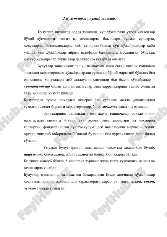 айчалар” деб аталувчи махсус ён бўшлиқларда жойлашган. бу найчалар махсус каналчалар орқали ташқарига очилган. умуман сикон бир нечта асконларнинг бирикишидан ҳосил бўлган. булар ҳам ҳаммаси денгизларда яшайди. лейкон – шаклида тузилган булутлар тана деворли анча қалинлашган бўлиб лейконларда хоанатситлар махсус камерада жойлашган. бу булутларнинг ҳаммаси деярли денгизда яшайди. ўзимизда учрайдиган “бодяга” булути лейкон типида тузилган. булутлар жинссиз (куртакланиш) ва жинсий ёъл билан кўпаяди. ташқи ён куртакланиш булутларда кўп учрайди ва бу ҳодиса колония ҳосил бўлишида катта рол ўйнайди. чучук сув булутлари бодягалар кузда махсус куртак (қишловчи) геммулалар ҳосил бўлади. булар махсус қобиққа ўралиб олади ва қишни ўтказади. қишда она булут ўлиб мазкур булут (геммула мезоглея қаватида ҳосил бўлади). булут ўлгандан сўнг геммулалар сув тубига тарқалади. келгуси йил баҳорда геммулалардан ёш булутлар чиқади. 4. жинсий кўпайиши ва ривожланиши. булутлар айрим жинсли ва гермофрадит бўлиб гаметалари мезоглеяда етишади. мезоглеядаги ҳўжайралардан тухум ҳўжайраси ҳосил бўлади. бошқа ҳайвонда шундай ҳўжайралардан сперматазоид етишади ва сув …