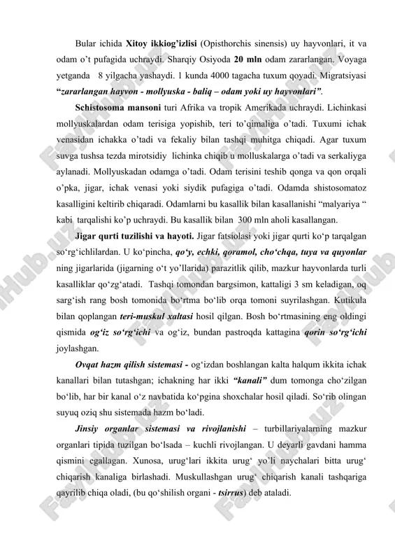 n so‘rg‘ichi joylashgan. ovqat hazm qilish sistemasi - og‘izdan boshlangan kalta halqum ikkita ichak kanallari bilan tutashgan; ichakning har ikki “kanali” dum tomonga cho‘zilgan bo‘lib, har bir kanal o‘z navbatida ko‘pgina shoxchalar hosil qiladi. so‘rib olingan suyuq oziq shu sistemada hazm bo‘ladi. jinsiy organlar sistemasi va rivojlanishi – turbillariyalarning mazkur organlari tipida tuzilgan bo‘lsada – kuchli rivojlangan. u deyarli gavdani hamma qismini egallagan. xunosa, urug‘lari ikkita urug‘ yo’li naychalari bitta urug‘ chiqarish kanaliga birlashadi. muskullashgan urug‘ chiqarish kanali tashqariga qayrilib chiqa oladi, (bu qo‘shilish organi - tsirrus) deb ataladi. urg‘ochilik jinsiy organlari “ootip” deb nomlanuvchi bo‘shliqqa tutashganligi xarakterli. bitta shoxlangan tuxumdonning yo’li, ikki tomonida joylashgan juda katta va shoxlangan sariqdonlarning naychalari ootipga ochiladi. (sariqdonlar urug‘langan tuxum uchun oziq ishlab chiqaradi). ootipdan boshlanadigan bachadon ham jinsiy kloakaga ochilgan. ootip bo‘shlig‘i atrofida esa tuxum po‘chog‘i (qobig‘i) hosil qiluvchi melis tanachalari bezlar joylashgan. tuxum ootip bo‘shlig‘ida spermatazoidlar bilan qo‘shilib otalangach, uning atrofida sariqlik …