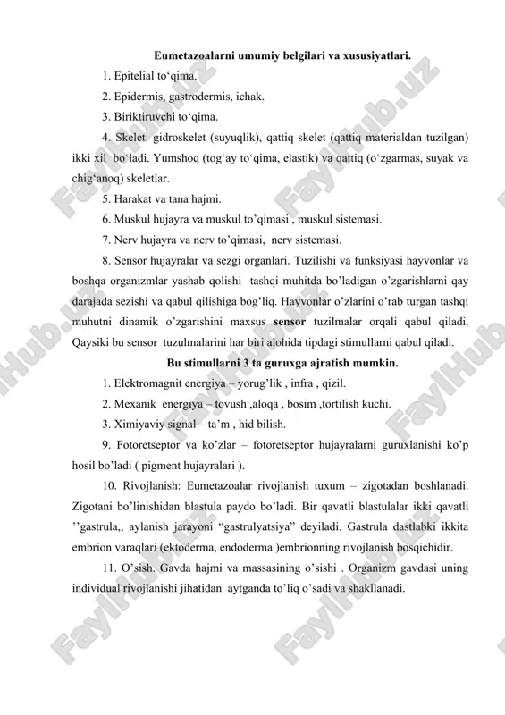 i. bo‘shliqichlilar (cnidaria) tipi umumiy tavsifi. knidariyalarning (cnidaria) asosiy belgisi – ularda evolyutsiyasida “knidotsit” larni paydo bo‘lishidir. ularni nomi - cnidaria ham shundan olingan. knidotsit sensor va effektor ho‘jayra bo‘lib ham sezadi, ham javob reaksiyasi qaytaradi. knidotsit ichida “knida” (otiluvchi kapsula va suyuqlik bilan to‘lgan membrana kapsulasi hamda spiralsimon otiluvchi ip) joylashgan bo‘ladi. bo‘shliqichlilar (cnidaria) deb shunday hayvonlarga aytiladiki ular tanasining katta qismini egallagan markaziy bo‘shliq bir vaqtning o‘zida ichak va tana bo‘shlig‘i bo‘lib xizmat qiladi. ichak tana (gastral) bo‘shlig‘i og‘iz teshikchasi orqali tashqi muhit bilan tutashgan. gastral bo‘shliqning devori ektoderma va entoderma epiteliya to‘qimasidan tuzilgan. bularning orasida turlicha rivojlangan mezogleya qavati joylashgan. og‘iz teshigi atrofida yoki tanasining sirti boshqa qismida joylashgan paypaslovchilari oziqni ushlab olish va himoya vazifasini bajaradi. ektodermada joylashgan maxsus otiluvchi ho‘jayralar mazkur tip uchun harakterli bo‘lib, bulardan chiqadigan zaharli ip hujum (ovqatni olish) va himoya vazifasini bajaradi. garchi kovak ichlilar haqiqiy ko‘p ho‘jayralilar bo‘lsada ularni koloniya …