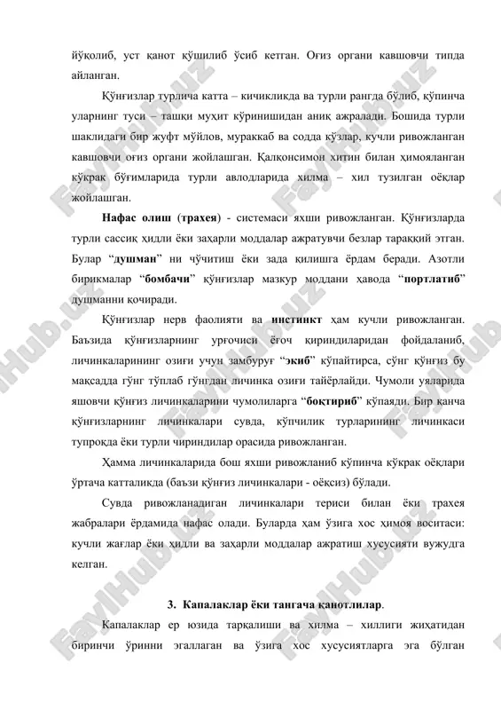 у тинч ҳолда ўралиб букланган бўлади. устки жағ, остки лабларнинг пайпасловчиларигина сақланган. капалакнинг қанотлари (айниқса, устқанот) катта ва турли шаклдаги нозик ва юпқа тангачалар билан қопланган. булар маълум тартибда бири – иккинчисининг асосини қоплаб жойлашган. ҳид тарқатувчи безлар яхши ривожланган (баъзи турларда тангачалар ҳид тарқатади). капалаклар (хусусан иссиқ қитъаларда тарқалган турлар) кенг қанотлари чиройли рангларда товланади. рангни тангачада бўлган пегментлар вужудга келтиради. катта ёшли капалаклар ҳаммаси деярли гул шарбати, баъзилари ўсимлик шохчаси, барги ёки танасидан ажратилган шарбат билан озиқланади. қурти баъзан ўзига нисбатан анча катта бўлиб, ҳаммасида оғиз органи кавшовчи (кемирувчи) типда тузилган. қуртлар турли шаклларда бўлиб, кўпида туксимон хитин ўсимталар ривожланган. (тиканда қуртда булар узун тиканчаларга айланган). қуртларда уч жуфт кўкрак оёқлари ва қоринча бўғимида 3 – 5 жуфт сохта оёқлар бор. танасининг шакли, ранги ва тиканчалар уларни “душман” дан яхши ҳимоя қилади. бир қанча қуртлар тана шаклини ўзгартириб “қўрқитиш” ҳолатига ёки ҳимоя шакли ҳолатига ўтади. капалак қуртларининг ҳаммаси, …