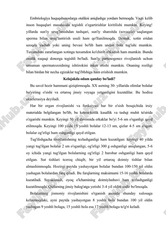a kuzatiladi. suyaklanish, oyoq o'lchamining doimiylashuvi ham tezlashganligi kuzatilmoqda. qizlarning jinsiy balog'atga yetishi 3-4 yil oldin sodir bo'lmoqda. bolalarning jismoniy rivojlanishini o'rganish asosida shunday xulosaga kelinmoqdaki, ayni paytda yashayotgan 8 yoshli bola bundan 100 yil oldin yashagan 9 yoshli bolaga, 15 yoshli bola esa 17 yoshli bolaga to'g'ri keladi. akselerasiya gavda uzunligiga va og'irligiga ta'sir etmoqda. jumladan, 1926 yilda moskvada yashagan erkaklarning o'rtacha bo'yi 168 sm, og'irligi 62,3 kg bo'lgan bo'lsa, 1963 yilda o'rtacha bo'y uzunligi 171,8 sm, og'irligi 71,3 kg bo'lgan. shunga o'xshash ma'lumotlar butun dunyo olimlari tomonidan qayd etilgan. keyingi 100-150 yilda 14-16 yoshli bolalar jinsiy balog'atga yetishi 3 yil ertaroq sodir bo'lishi qayd etilgan. gerontologiya tarixida tez o'sish ham qayd qilingan. jumladan, lyudovik ii vengerskiy 14 yoshida yaxshigina soqolli bo'lgan, 15 yoshida uylangan, 18 yoshida soqol-mo'ylovlari oqargan, 20 yoshida qarilikning hamma belgilari namoyon bo'lib, vafot etgan. a.v.nagorniyning "qarilik va hayotning uzayishi" (1950) kitobida qiz bolaning 2 yoshida …