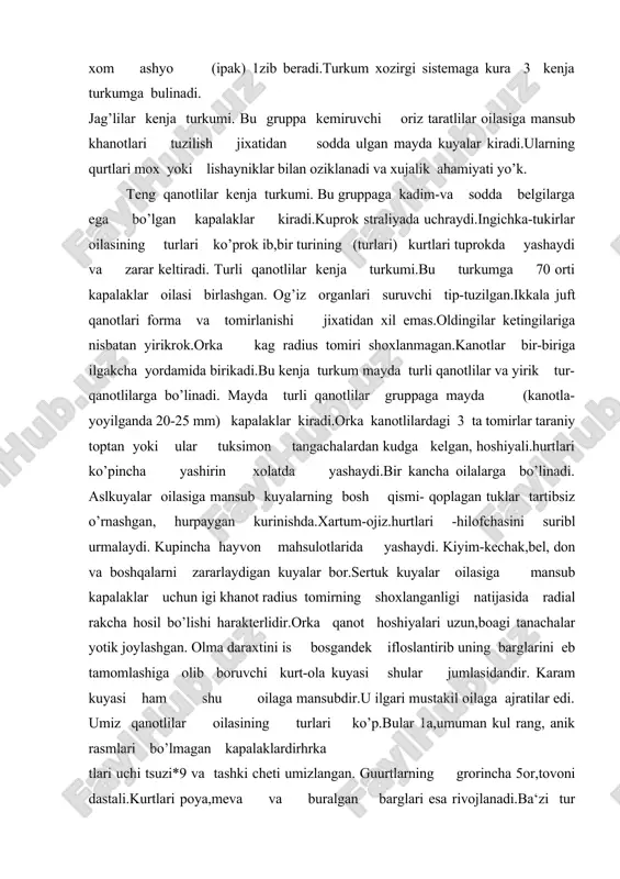 ing barglarini eb tamomlashiga olib boruvchi kurt-ola kuyasi shular jumlasidandir. karam kuyasi ham shu oilaga mansubdir.u ilgari mustakil oilaga ajratilar edi. umiz qanotlilar oilasining turlari ko’p.bular 1a,umuman kul rang, anik rasmlari bo’lmagan kapalaklardirhrka tlari uchi tsuzi*9 va tashki cheti umizlangan. guurtlarning grorincha 5or,tovoni dastali.kurtlari poya,meva va buralgan barglari esa rivojlanadi.ba‘zi tur kurtlari barglardan minalar yasaydi. i.rumbaklari k-orinchathergitlarida tikanchalar yuk., burtlari esa un, ularning uchlari tutashib turadi, gulxayri kuyasi,chekanchikurt, kuyasi,lavlagi, mina kuyasi va yana ko’p kuyalar turi shu oilaga mansubdir. tinik qanotlar oilasiga mansub kapalaklar.kanotlarida tangachalar fakat ular chetlarida bo’lib, qolgan qismi tanasiz,tishsiz, tashqi kurinishi arilarni zslatadi. kurtlari pustlog’ida rivojlanadi.zarar keltiruvchi turlari bor. bargurovchilar oilasiga mansub kapalaklar, kuyasi-p.ardan oldingi k-anotlarining anchagina kengroq chuziq uchburchak mala bo’lishligi va ko’pincha kundalangiga kirk.ilganga uxshashligi orqa v;anotlarining cho’zik-ovalligi va uzun xoshiyalanmaganligi bilan farq qiladi.oldingi kanotlarning diskoidal katagi o’rta bilan kirkilgan emas,ork;a qanotlarining subkostasi bilan qushilib ketgan emas.kanotlar tinchlanganda top yopgan-k taxlanadi.hurtlar,odatda,uralgan barglar va meva ichida …