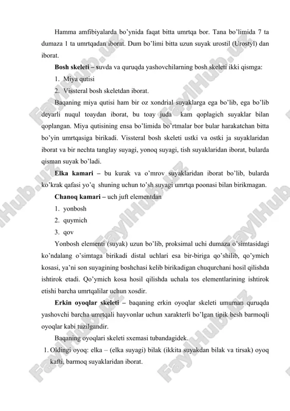 mida bo’rtmalar bor bular harakatchan bitta bo’yin umrtqasiga birikadi. vissteral bosh skeleti ustki va ostki ja suyaklaridan iborat va bir nechta tanglay suyagi, yonoq suyagi, tish suyaklaridan iborat, bularda qisman suyak bo’ladi. elka kamari – bu kurak va o’mrov suyaklaridan iborat bo’lib, bularda ko’krak qafasi yo’q shuning uchun to’sh suyagi umrtqa poonasi bilan birikmagan. chanoq kamari – uch juft elementdan 1. yonbosh 2. quymich 3. qov yonbosh elementi (suyak) uzun bo’lib, proksimal uchi dumaza o’simtasidagi ko’ndalang o’simtaga birikadi distal uchlari esa bir-biriga qo’shilib, qo’ymich kosasi, ya’ni son suyagining boshchasi kelib birikadigan chuqurchani hosil qilishda ishtirok etadi. qo’ymich kosa hosil qilishda uchala tos elementlarining ishtirok etishi barcha umrtqalilar uchun xosdir. erkin oyoqlar skeleti – baqaning erkin oyoqlar skeleti umuman quruqda yashovchi barcha umrtqali hayvonlar uchun xarakterli bo’lgan tipik besh barmoqli oyoqlar kabi tuzilgandir. baqaning oyoqlari skeleti sxemasi tubandagidek. 1. oldingi oyoq: elka – (elka suyagi) bilak (ikkita suyakdan bilak va tirsak) …