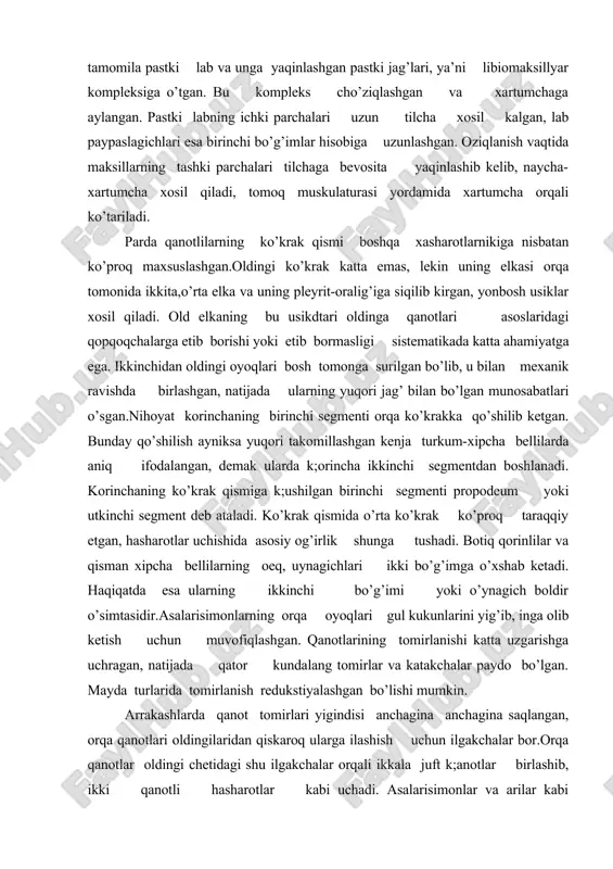 olib ketish uchun muvofiqlashgan. qanotlarining tomirlanishi katta uzgarishga uchragan, natijada qator kundalang tomirlar va katakchalar paydo bo’lgan. mayda turlarida tomirlanish redukstiyalashgan bo’lishi mumkin. arrakashlarda qanot tomirlari yigindisi anchagina anchagina saqlangan, orqa qanotlari oldingilaridan qiskaroq ularga ilashish uchun ilgakchalar bor.orqa qanotlar oldingi chetidagi shu ilgakchalar orqali ikkala juft k;anotlar birlashib, ikki qanotli hasharotlar kabi uchadi. asalarisimonlar va arilar kabi takomillashgan gruppalar uchishi nihoyatda tarakqiy etgan va sekundiga 110-240 atrofida kanot qoqadi. qanotsiz turlari ko’p uchramaydi, bu ayniksa chumolilar ishchi to’dalar o’rtasida harakterlidir. qorincha ko’krak qismi bilan keng eni buyicha yoki ingichka ustuncha orqali qo’shilib urnashadi. shuning uchun botiq bellilar turkumining xhammasi uchun o’tiruvchan qorincha va xipcha bellilar turkumi esa poyabel qorinchaning bo’lishi harakterlidir. korincha poyasi ikkinchi va ba‘zan uchinchi qorincha segmentlari (birinchi segment ko’krak qismi tarkibi) ingichkalashgandan iboratdir va juda uzun (masalan, qator arilarda shunday bo’lishi mumki). chumolilarda poyabel plastinkali yoki 1-2 burtmali-tugunchali bo’lishi bilan farqlanadi. parda qanotlilar urg’ochi zoti qorinchasining …