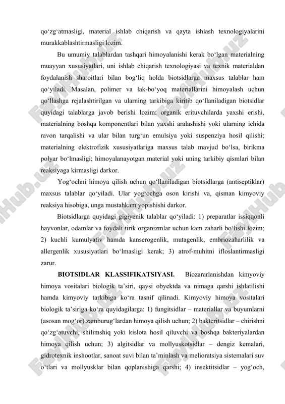 lar – materiallar va buyumlarni (asosan mog‘or) zamburug‘lardan himoya qilish uchun; 2) bakteritsidlar – chirishni qо‘zg‘atuvchi, shilimshiq yoki kislota hosil qiluvchi va boshqa bakteriyalardan himoya qilish uchun; 3) algitsidlar va mollyuskotsidlar – dengiz kemalari, gidrotexnik inshootlar, sanoat suvi bilan ta’minlash va melioratsiya sistemalari suv о‘tlari va mollyusklar bilan qoplanishiga qarshi; 4) insektitsidlar – yog‘och, polimer, tо‘qimachilik va boshqa materiallarni termitlar, yog‘och kemiruvchi va boshqa hasharotlardan himoya qilish uchun; 5) gerbitsidlar – binolar, inshootlar, ayniqsa arxitektura yodgorliklari, shahar territoriyalari, qurilish maydonlari, avtomobil yо‘llari chetlari va temir yо‘l kо‘tarmalari, aerodromlarning kо‘tarilish-qо‘nish yо‘llarini begona о‘tlardan himoya qilish uchun; 6) zootsidlar – zararli umurtqali hayvonlardan himoya qilish uchun, jumladan rodentitsidlar – kalamushlar, sichqonlar va boshqa kemiruvchilarga qarshi, avitsidlar – shaharlarda, ayniqsa aerodromlarda zarar keltiradigan qushlardan himoya qilish uchun ishlatiladigan preparatlarga bо‘linadi. texnik kо‘rsatmalari va ishlatilishiga kо‘ra biotsidlar quyidagi zararlanadigan materiallar guruhlariga tasniflanadi: 1) yog‘ochlar, qog‘oz, karton va boshqa yog‘och asosli materiallar; 2) sintetik materiallar …