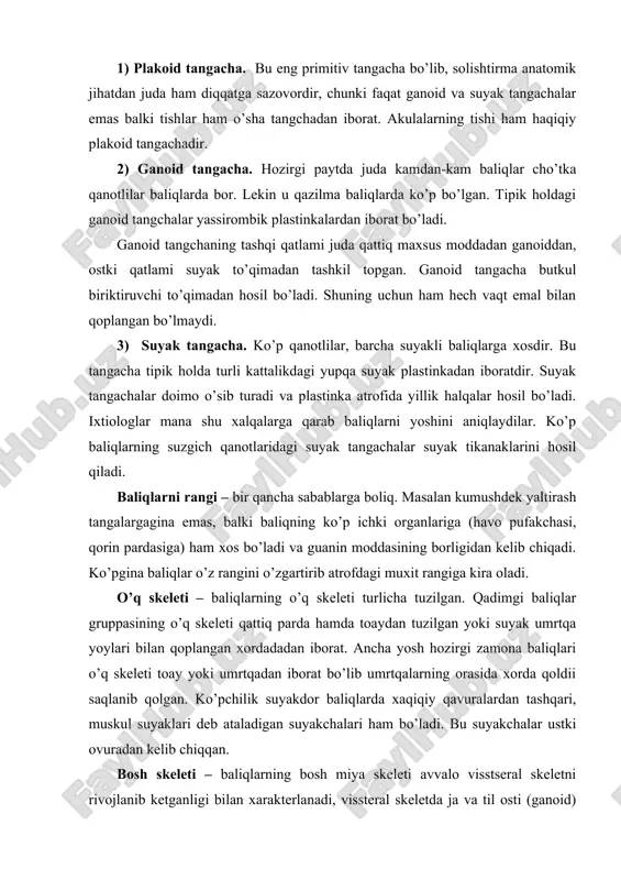 iy qavuralardan tashqari, muskul suyaklari deb ataladigan suyakchalari ham bo’ladi. bu suyakchalar ustki ovuradan kelib chiqqan. bosh skeleti – baliqlarning bosh miya skeleti avvalo visstseral skeletni rivojlanib ketganligi bilan xarakterlanadi, vissteral skeletda ja va til osti (ganoid) eylardan iborat bo’lgan ovqat tutuvchi ja apparati, hamda kamida beshta jabra yoyidan tashkil topgan jabra apparati bo’ladi. jabra shu jabra yoylariga o’rnashadi. suzgich qanotlar skeleti – baliqlarning elka kamari, ham chanoq kamari umrtqa poonasi bilan birikmay balki muskullar orasida erkin turdi. barcha suyakli baliqlarning elka kamari bir necha qoplagich suyaklar yordami bilan miya quttisiga birikkan bo’ladi. muskul sistemasi va elektr organlari – juda hilma-xil gruppalarga kiradigan ba’zi baliqlarda batariya prinstipida tuzilgan maxsus elektr organlari bo’ladi. ko’pincha ular shaklan o’zgargan muskullardan tashkil topgan bo’lib ulardagi elimshaksimon biriktiruvchi to’qima qatlamlari bilan navbatlashadigan birmuncha qattiqroq to’qima plastinkalari volt elemantidagi mis bilan ruhning o’rnini bosadi. bu organning hammasi biriktiruvchi to’qimadan tuzilgan ilof ichida turadi va har qaysi …