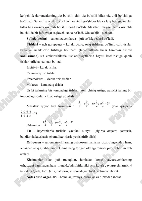 qlovchi xalta bo’ladi. ola xo’rjinli sichqon. so’lak bezlari – sut emizuvchilarda 4 juft so’lak bezlari bo’ladi. tishlari – uch guruppaga – kurak, qoziq, oziq tishlarga bo’linib oziq tishlar katta va kichik oziq tishlarga bo’linadi. (faqat kitlarda bular hammasi bir xil konussimon) sut emizuvchilarda tishlar ovqatlanish hayoti kechirishiga qarab tishlar turlicha tuzilgan bo’ladi. incisivi – kurak tishlar canini – qoziq tishlar praemolares – kichik oziq tishlar molares – katta oziq tishlar ustki jalarning bir tomondagi tishlari soni chiziq ustiga, pastkki janing bir tomondagi sonlari chiziq ostiga yoziladi. masalan: quyon tish formulasi : yoki qisqacha odamniki : til – hayvonlarda turlicha vazifani o’taydi. (sigirda ovqatni qamrash, ba’zilarida kavshash, chumolixo’rlarda yopishtirib olish) oshqozon – sut emizuvchilarning oshqozoni hamisha qizil o’ngachdan ham, ichakdan aniq ajralib turadi. uning keng tortgan oldingi tomoni pilorik bo’lim deb ataladi. kitsimonlar bilan juft tuyoqlilar, jumladan kovsh qaytaruvchilarning oshqozoni hammadan ham murakkabdir, kitlarniki uch, kovsh qaytaruvchilarniki 4 ta: oddiy qarta, …