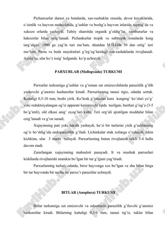 rtumchani xujayin tanasiga sanchish natijasida jarohatlangan nug’taga hashorat so’lagi tushadi va g’on suyug’lanadi, tomog’ va og’iz bushlig’ining kuchli muskullari g’onning tanaga surilishini ta‘minlaydi. bitlar turi 300 atrofida hisoblanadi, jumladan 40 tachasi m.d.h.da uchraydi. teng g’anotlilar (homoptera) turkumi teng g’anotlilar turkumiga mansub hashorotlarning boshi engashib o’rnashgan, jag’ va lab paypaslagichlari yug’, og’iz appara​ti sanchib-suruvchi tipda tuzilgan. o’simlik shirasi bilan ozig’lanadi. xartumcha 1-2-3 bug’imli bo’ladi. xartumcha tana osti tomonga egilib joylashgan va tuzilishi jixatidan kandalalar xartumchasiga o’xshab ketadi. u tarnovsimon pastki lab (shu bug’imlarga bo’lingan} ichiga joylashgan, 4 ta uzun sanchuvchi g’ilchalardan iborat. yug’ori lab g’isg’a va ojiz tarag’g’iy etgan, o’rta ko’kragi, boshg’a ikkala ko’kraklariga nisbatan bag’uvvatrog’ g’anotli formalarida, odatda, u uchburchak g’alg’onchali. tsikadasimonlar va barg burgachalarining org’a oyog’lari sakrovchi tipda tuzilgan. ba‘zan, oyog’lar juda kaltalashgan yoki tarag’g’iy ztmagan bo’ladi. ichak o’ziga xos tuzilgan. oldingi ichakning oxirgi g’ismi o’rta ichak oxiri yoki org’a ichakning boshlanish g’ismi bilan tutashgan bo’lib, o’rta ichak mustag’il …