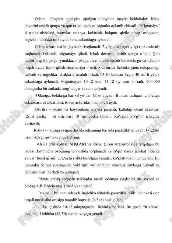a zarar yetkazadi. poya nematodalari – piyoz, sarimsoqpiyoz, loviya, kartoshka, grechiha kabi о‘simliklarining tanasida parazitlik qilib ulardan olinadigan mahsulotlarni buzilishiga sabab bо‘ladi, hosildorlikka putur yetgazadi. ildiz nematodasi - bir qancha poliz о‘simliklari (bodring, palakli о‘simliklar, lavlagi va boshqa о‘simliklar) ildizida tugunak hosil qilib yashaydi. tuganak ichida urg‘ochi nematoda tuxumini tuproq ichida tarqatadi. tuproq orqali yuqadi. lavlagi nematodasi - ham bayon etilgan shaklda rivojlanib, muxum sanoat ahamiyatiga ega bо‘lgan qand lavlagi va poliz ekinlariga katta zarar yetkazadi. bug‘doy nematodalari – bug‘doy doniga о‘xshash “tugunak” ichida joylashgan minglarcha lichinkasi bug‘doy urug‘i sepilgan vaqtda bug‘doy donalari bilan tuproqqa tushadi. tugunakdan nam tuproqqa likinkalar chiqadi va bug‘doy poyasiga bargiga tarqaladi. bug‘doy doni dumbul bо‘lishi bilan lichinkalari bug‘doy boshog‘i ichiga kirib oladi. tuganak ichida 15 mintagacha lichinka yetishadi. 10-12 yilgacha shu holatda yashashi mumkin. о‘zbekistonda fitogelmentlar bо‘yicha prof. a.t.tо‘laganov boshchiligida yirik fitogelmentologlar maktabi yaratilgan. 500 dan ortiq fitogelmentlar turi aniqlangan. 4.mermitidlar - foydali tо‘garak chuvalchanglar …