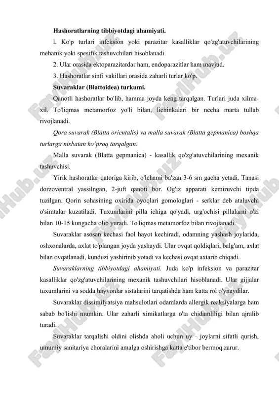mliligi bilan ajralib turadi. suvaraklar tarqalishi oldini olishda aholi uchun uy - joylarni sifatli qurish, umumiy sanitariya choralarini amalga oshirishga katta e'tibor bermoq zarur. qandalalar (hemiptera) turkumi. o'rin-ko'rpa qandalasi (cimex lectularius) - ektoparazit. qandalalar orasida eng ko'p tarqalgan turlardan biri. hamma joylarda tarqalgan bo'lib, asosan kechasi faol hayot kechiradi. qon so'ruvchi parazitlar hisoblanadi. qandalalar devorlar yorig'ida, mebellarda, o'rin-ko'rpada, gilamlarda va boshqa joylarda yashaydi, odamga asosan kechasi hujum qiladi. tashqi muhit sharoitlariga o'ta chidamli, bir yilgacha ochlikka chidashi mumkin. ularning og'iz apparati qon so'rishga moslashgan, sanchib-so'ruvchi tipda tuzilgan (rasm). qandalalar to'liqmas metamorfoz usulida ko'payadi. tuxumdan qulay haroratda (25°c) qon so'ruvchi lichinkalar chiqadi. lichinkalar qulay sharoitlar mavjud bo'lsa 28-30 kunda 5 marta tullaganidan keyin yetuk shaklga aylanadi. qandalalar chaqqan joylari chidab bo'lmaydigan darajada qichitadi, odamning tinchligini buzadi, asabiylashtiradi, chaqilgan joylarda allergik reaksiyalar, yiringlash kuzatilishi mumkin. qandalalar yuqumli kasalliklar qo'zg'atuvchilarining tashuvchilari bo'lishi ham mumkin degan dunyoqarashlar mavjud bo'lsa ham, hozirgacha bu taxminlarga ishonchli …