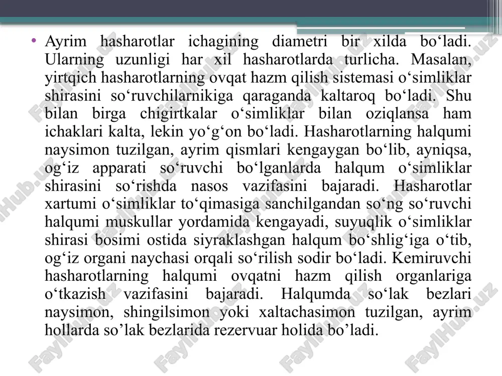 . pardaning ikki tomonidagi osmotik bosim turlicha bo‘lganidan bu mahsulotlar peritrofik parda orqali ichak devoriga o‘tib so‘riladi. oshqozonda oziq moddalar ko‘pincha neytral holda, ichidagi ph muhiti dan 9 gacha bo‘lishi mumkin. oqsillar, yog‘lar, qand moddalari shu yerda o‘zlashtiriladigan shaklga aylanib, qonga o‘tadi. orqa ichak tomirlari yoni hasharotlarning chiqarish ichagiga ochilgan joyidan boshlanadi, uning ichki yuzasi xitindan iborat parda bilan qoplangan bo‘lib, ingichka, yo‘g‘on va to‘g‘ri ichakka bo‘linadi. orqa ichakda ovqat hazm bo‘lmaydi va so‘rilmaydi, u yerda faqat ortiqcha suv so‘riladi. uning vazifasi tezak to‘plash va uni ma’lum shaklga aylantirishdan iborat. hasharotlar orqa ichagining uchida ayrim vaqtda anal bezlari bo‘ladi. ular faqat hazm qilishda ishtirok etmay, balki himoya vazifasini ham bajaradi. ichak muskullarining qisqarishi tufayli oziq ichak bo‘ylab harakatlanadi, hazm bo‘lmagan qismi anal teshigidan chiqarib yuboriladi. ayrim yirtqich hasharotlarda (xonqizi – coccinellidae, oltinko‘z – chrysopidae) oziq maxsus usulda ichakdan tashqarida hazm bo‘ladi, bunga «ekstraintestinal» hazm bo‘lish deyiladi. bunda hasharot oziq ustiga …