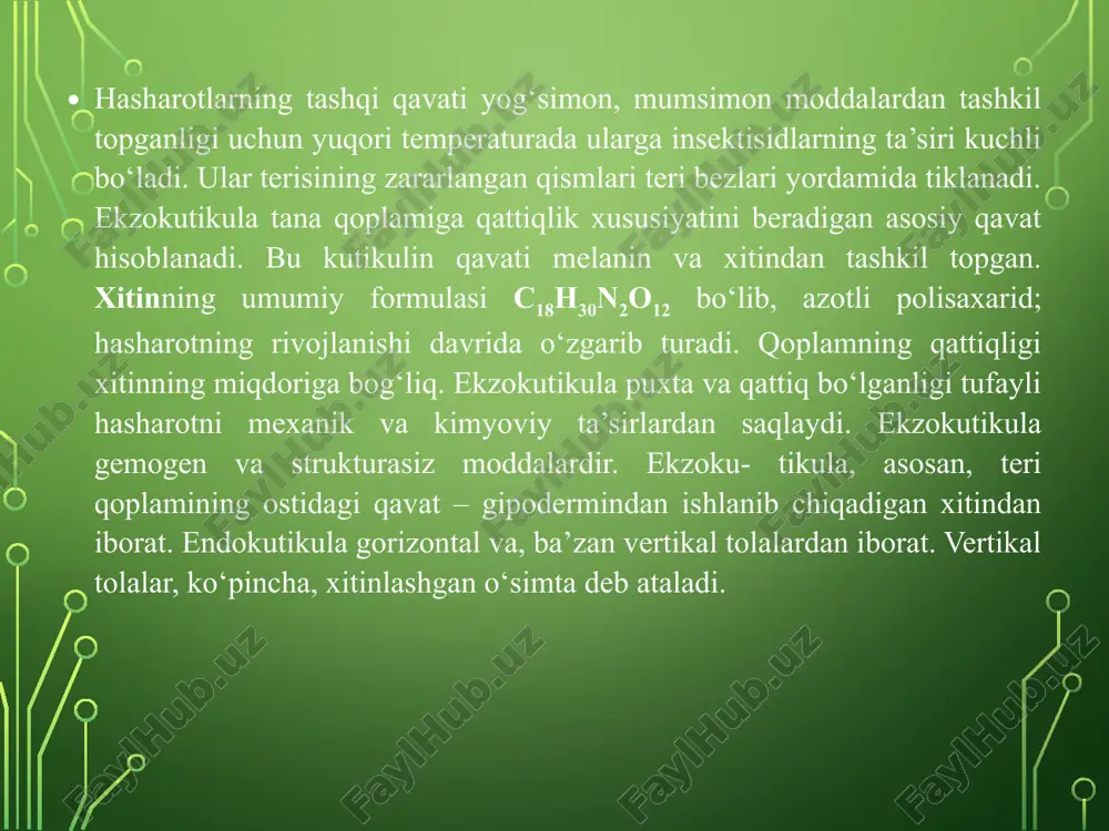 higa yordam beradi. uchida mayda teshikchalari bo‘lgan, bulutsimon tuzilgan, tangacha ko‘rinishidagi, qiyofasi o‘zgargan dermatolepidlar androkoniy deb ataladi. ba’zi kapalaklar erkagi tanasining har xil qismlarida androkoniylar urg‘ochilarini jalb etadigan hidli moddalar chiqarib turadi. teri bezlari ular bir va ko‘p hujayrali bo‘lib, shakli naysimon, xaltachasimon yoki shingilsimon. ayrim hollarda bir hujayrali bezlar bir-biriga yaqin joyda bo‘lib, bezli maydon hosil qiladi. teri bezlari chiqarish kanalining uchiterining tekis yuzasida yoki bo‘rtiqchalar tukchalaridan tashqariga ochiladi. ayrim hollarda, hasharotlar ta’sirlanganda, tashqariga bo‘rtib chiqadi, ba’zan umuman teshikchalar bo‘lmaydi, ular terlash orqali tashqariga chiqadi hasharotlar tanasining rangi turli xil bo‘lib, rang beruvchi moddalar – pigmentlar, ko‘pincha, gipodermada, ba’zan kutikulada va yog‘ tanachalarida joylashgan bo‘ladi. kutikular rang turg‘un – o‘zgarmas bo‘lib, hasharot nobud bo‘lgandan keyin ham o‘zgarmaydi. gipodermal rang o‘zgaruvchan bo‘lib, hasharot nobud bo‘lgandan so‘ng ular chirishi natijasida rangi ham o‘zgaradi. ularning asosiy pigmenti murakkab oqsil – melanindan iborat. melanin kutikular pigmentlarda sariq va och qo‘ng‘ir rangdan to qora …