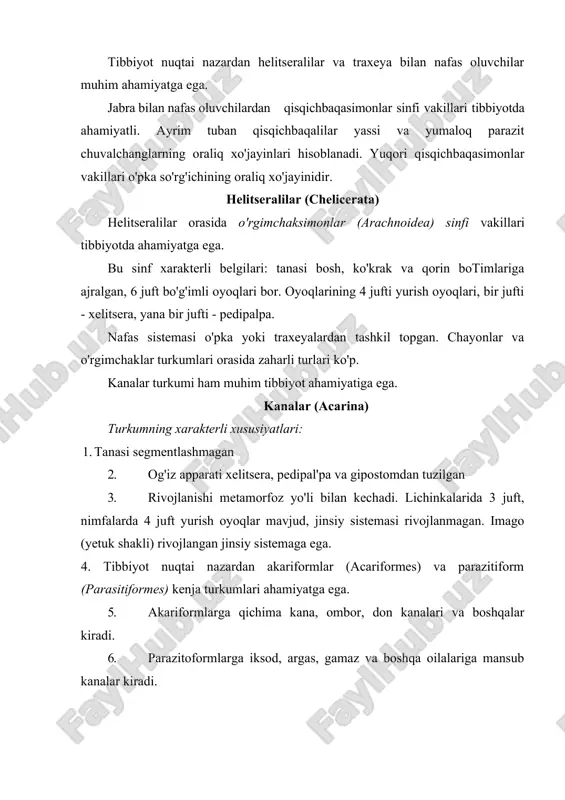 teshishga imkon yaratadi. og'iz apparati orqa tomonidan yaqqol ko'rinib turadi. ular faqat bir marta qon so'rish imkoniyatiga ega bo'lgani uchun ko'p qon so'radilar. qonga to'ygan urg'ochi kana bir martadan, 20000 tagacha tuhum qo'yadi. keyingi bosqichlari - lichinka, 1 avlod nimfa va imagodir. iksod kanalari bir, ikki yoki uch xo'jayinli bo'lishi mumkin. lichinkalar va nimfalar mayda umurtqalilarda qon so'radi, imagolar esa yirik hayvonlarda qon suradi. iksod kanalar faqat kasallik qo'zg'atuvchilarning tashuvchilari bo'libgina qolmasdan, xavfli kasalliklar qo'zg'atuvchilarining rezervuari ham xisoblanadi. kasallik qo'zg'atuvchilarini transmissiv (qon so'rish orqali) va transovarial (tuxumlari orqali) usulda tarqatadi. kanalar ektoparazitlar ham hisoblanadi, yallig'lanish va allergik reaksiyalarga sabab bo'ladi. quyida iksod kanalarining birnechta turlari bilan qisqacha tanishamiz. it kanasi (ixodes ricinus). tulyaremiya, ensefalitning ba'zi shakllari qo'zg'atuvchilarining tashuvchisi hisoblanadi. evro - osiyoning o'rmonlarida uchraydi, rivojlanish sikli 7 yilgacha davom etishi mumkin (rasm). tayga kanasi (ixodes persulcatus). tayga yoki bahorgi-yozgi encefalit qo'zg'atuvchisining tashuvchisi va tabiiy rezervuari hisoblanadi. sibir' va uzoq sharq …