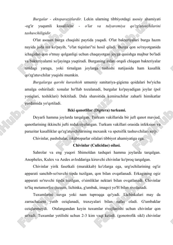 larining toza, oqmas yoki juda sekin oquvchi suvlarga qo'yadi. tuxumlari havo kameralariga ega, yakka-yakka suzib yuradi. kuleks chivinlari tuxumlarini to'plab qo'yadi, ular qayiqchaga o'xshab suzib yuradi. aecles chivinlari tuxumlarini bittadan, qurib qolayotgan suv havzalariga qo'yadi. kuleks va aedes chivinlari tuxum qo'yshida suvning tozaligining ahamiyati yo'q. lichinkalarining farqlari. kuleks va aedes lichinkalari oxirgisidan awalgi bo'g'imida nafas sifoniga ega bo'lgani uchun suv sathiga nisbatan burchak hosil qilib joylashadi. anofeles chivinlari lichinkalarida sifonlari yo'q, juft stigmalari bor, ular suv sathiga parallel joylashadilar. chivinlar g'umbak bosqichlarining farqlari. kuleks va aedes avlodiga kiruvchi chivinlarning nafas sifonlari silindrik shakliga, anofeles avlodi chivinlariniki esa voronkasimon shaklga ega. imagolari orasidagi farqlar. bosh o'simtalari, qanotining rangi, suvga qo'nishi bilan farqlanadi. anofeles urg'ochilarining paypaslagichlari xartum uzunligiga teng, kuleks chivinlari urg'ochisining paypaslagichlari esa xartuminingga - qismiga teng. kuleks chivinlaridan farqliroq, anofeles chivinlari qanotida qora dog'lar mavjud. anofeles chivinlari qorini suv sathiga burchak hosil qilib, kuleks chivinlariniki esa parallel joylashadi. chjvinlarning tibbiyotdagi …
