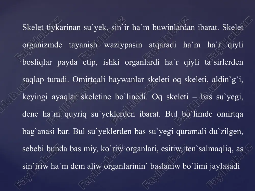 keshte maydıń tarqalıwı 3-teri qabatı 4- bel omırtqalar at skeleti gelle jawırın moyın kókirek bel quyımshaq aldıńǵı ayaqtıń erkin súyekleri jambas artqı ayaqtıń erkin súyekleri quyrıq omırtqa paǵanası bólimleri omirtqa bag`anasi moyin, ko`kirek, bel, dumg`oza ha`m quyriq bo`limlerinen ibarat. moyin ha`m dumg`oza bo`limi omirtqalari reduktsiyalang`an, sebebi onin` qabirg`a ta`rizli o`simtesi biraz qisqarip ketken, quyriq bolsa o`z formasin jog`altip, onin` denesi qalg`an. omirtqalar haywanlar denesinin` orta bo`liminde sagittal halda jaylasadi. ha`r bir omirtqa dene ha`m o`simtelerden du`zilgen. omirtqa denesi omirtqalardin` tiykarg`i bo`limi esaplanip, formasi u`shmu`yesh prizmag`a uqsas boladi. skelettin` moyin bo`limi iyiliwshi, ha`r qiyli ha`reketlerdi atqariw, tiykarg`isi basti ko`terip turiw xizmetin atqaradi. su`t emiziwshilerdin` moyin omirtqasi 7 boladi. moyin omirtqasinin` keyingi 5- wi bir-birine uqsas. qabirg`alar – uzin tegis su`yekler. qaramal ha`m qarako`l qoylarda 13 jup qabirg`a boladi. shoshqalardin` qabirg`asi 1n`-15 jup bolip, 1-7 qabirg`alarg`a shekem uzayip, keyin qisqaradi, denesi jin`ishke boladi. to`s su`yegi birneshe bo`lekten du`zilgen bolip, olar qabirg`alar menen …