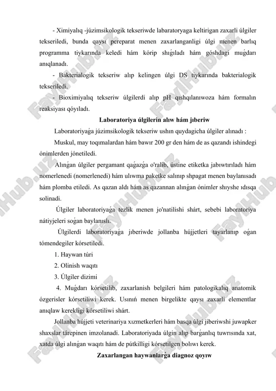 arǵa diagnoz qoyıw soyıwdan aldın - zaxarlangan haywanlarǵa, diagnoz qoyıw talay qıyın keshedi. kesellikti klinikalıq belgileri hám organizmde zaxarlanishlarni keshiwi, zaxar elementlardıń túrine, organizmge túsiw muǵdarına hám túsiwi jolına baylanıslı boladı. zaxarlangan haywanlarda ulıwma tolıqıw, mazasızlanıw bolıp, ishtaxasi pasayadi yamasa bolmaydı, silekey perdeleri ko'karadi, keyinirek sarg'aydi, jemisdorligi pasayadi, júriw teń salmaqlılıqı hám as sińiriw etiw shólkemleriniń jumıs iskerligi buz'ladı. pestisidlar menen zaxarlanganda dem alıwı yuqri formada, júrek jumısı pasayadi, ohzidan kóp muǵdarda kóbiksimon so'lak ajraladi`, muskullar qaltiraydi. soyıwdan keyingi diagnoz - zaxarlanish salmaqli formasında májburiy shoqmarǵan haywanlardıń shoqmarǵan jayı tegis, muskullar qaralaw qızıl, dene góshi ortasha yamasa jamanqonsizlangan, ishki organlar qanǵa tolıq hám hár túrlı qan quyilishlar gúzetiledi. as qazan hám isheklerde isiw óshog'i hám qan quyilishlar kórsetiledi. limfa túyinleri - saw haywanlarda normal dúzilisine iye bolıp kesip kórilgende ash sarı reńde boladı. zaxarlanishda bolsa limfa túyinleri úlkenlashgan kesilgen maydanı biynápshe gúli reńde, qan quyulgan jaylar hám isiw processleri kórinedi. …