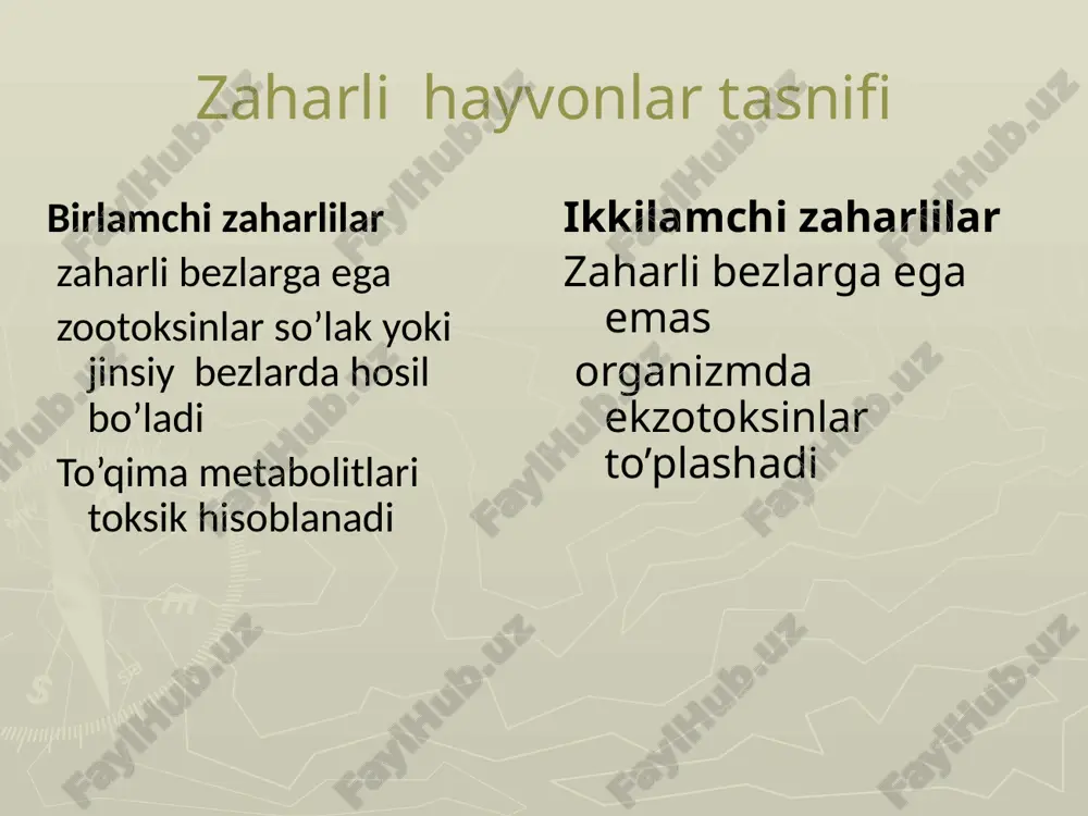 emorragik pufakalar umumtoksik tasiri: arterial bosim tushishi, yurak-qon- tomir distoniyasi osimi, eritrositlar gemolizi. nerv-paralitik (kobra-zahri): nafas markazi falaji, muskullar falaji, uhlatuvchi va narkotik tasir qora ilon suv ilon boshida v carfli shaklida paypasligichi bor boshida ikkita sariq yoki to’q sariq dog’lari bor tanasida zigzagsimon chiziq ko’zlari sariq, ko’z gavhari yumaloq ko’zlari qizil ko’z gavhari yoriqsimon oddiy o’q ilon образец текста второй уровень третий уровень четвертый уровень пятый уровень qora ilon (vipera berus ) toksin: viberotoksin klinik simptomlari: kuchli og’riq, gemorragik shish, terining ko’karib ketishi, chaqqan joyi atrofida qonli suyuqli bilan to’lgan pufak, intoksikasiyaning umumiy belgilari kuchayib boradi: xolsizlik, bosh aylanishi, ko’ngil aynishi, tahikardiya. zaharli baliqlar nayzadum skat. geografik tarqalishi:qora dengiz,azov dengizi,uzoq sharq dengizlari dengiz ajdari. geografik tarqalishi: o’rta yer dengizi, qora dengiz, boltiq dengizi fugu balig’i sinf:nur qanotli baliqlar actinopterygii bo’lim:tikanqorinshakllilar tetraodontiformes оilasi:tikanqorinlilar tetraodontidae turi: gastophysus rubripes (itbaliq yoki qo’ng’ir fugu) zaharli sut emizuvchilar olami: hayvonlar turi: xordalilar sinfi:sutemizuvchilar bo’lim: …