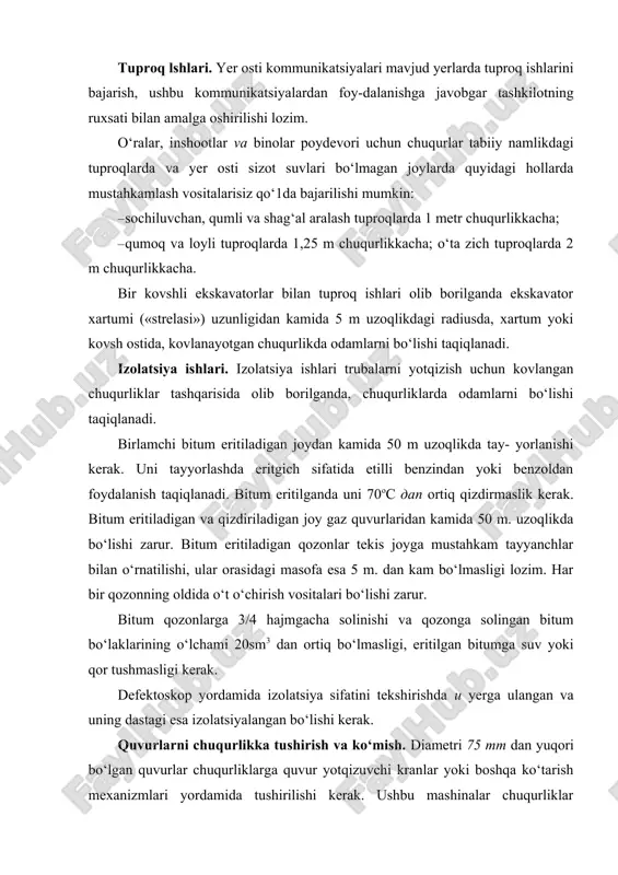 kerak. ushbu mashinalar chuqurliklar chetidan kamida 1,5 m uzoqlikda harakatlanishi lozim. quvurlarni chuqurliklarga tushirishda chuqurliklarda odamlar bo‘lishi yoki ko‘tarilgan quvur ostidan o‘tish taqiqlanadi. chuqurliklarni nuragan tuproqlardan tozalash yoki uni loyihada belgilangan miqdorda to‘g‘rilash ishlari faqat unga quvurlar tushirilmasdan oldin bajarilishi talab etiladi. burg‘ulash qurilmalarini yig‘ish, qismlarga аjratish va ta’mirlashda xavfsizlik texnikasi burg‘ulash minoralarini va machtalarini balandlikda yig‘ish yoki ta’mirlash ishlariga tajribali, maxsus уo‘riqnomadan hamda tibbiy ko‘rikdan o‘tgan shaxslargagina ruxsat etiladi. minora detallari va barcha boshqa materiallar mustahkam o‘rnatilgan va tormoz qurilmalariga ega chig‘riq yordamida ko‘tarilishi yoki tushirilishi kerak. agar detallarni ko‘tarish yoki tushirishda traktor-ko‘targichlardan foydalanilsa, ular minora chetidan kamida 20 m uzoqlikda bo‘lishi lozim. yuklarni ko‘tarish va tushirish ishlari minora ichida bajarilsa, и yerda odamlar bo‘lmasligi kerak. yuk burg‘u chig‘rig‘i yordamida ko‘tarilib-tushirilganda и yerda faqatgina burg‘u bo‘lishiga ruxsat etiladi. yuk minora tashqarisida ko‘tarilib-tushirilganda unga arqon bog‘lanib, uning yordamida tortilishi kerak. yuk bog‘langan arqonni tortib oluvchi ishchi minora chetidan kamida 10 …