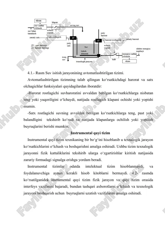 ya sarfini o‘lchash. 4.5-rasm. klapan hamda relening holatini o‘lchash. suvning satxi hamda harorati fizik kattalik bolishiga qaramay o‘lchanyapti va hech qanday o‘zgarishlarsiz ekvivalent elektron signal ko‘rinishiga o‘tkazilmoqda. so‘ngra tizim osti boshqaruvidagi satx hamda harorat rostlagichlariga jo‘natilmoqda. harorat hamda satx datchiklari joriy ko‘rsatkichlarni o‘lchaydi. suv sarfi hamda energiya sarflarini ham fizik ko‘rsatkichlarni o‘lchanadi hamda, o‘z qiymatiga ekvivalent bo‘lgan elektr signallariga aylantirilib tizim osti boshqaruvidagi suv va energiya sarfi rostlagichlariga yuboriladi. suv sarfini hisoblovchi datchik va energiya sarfini hisoblovchi datchiklar har biri alohida o‘lchadi. klapan hamda relelarning holati bilvosita o‘lchanadi, yani suv quvirida suv bor yoki yo‘qligiga qarab relening holati esa linyadaga elektr energiyaning bor yoki yo‘qligiga qarab. (klapanning ochiq/yopiq yoki relening o‘chiq/ yoqig‘ holatlariga qarab). bu natijalar o‘z qiymatiga teng ekvivalent bo‘lgan elektr signallariga aylantiriladi va tizim osti boshqaruvidagi tegishli rostlagichlarga jo‘natiladi. texnalogik jarayon faqat fizik signallarni qabul qilgani uchun elektron signallar tizim osti jarayonida( fizik , kimyoviy , mexanik va …