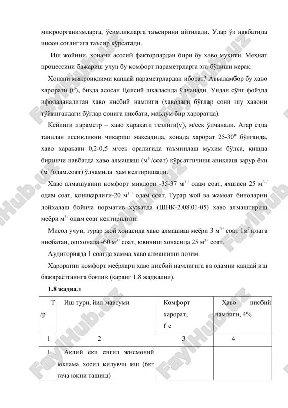 а ҳаво оқимини таъминлаб беради. намланган ва қуруқ термометирлар кўрсаткичлари ёрдамида психрометрга бириктирилган график бўйича хона хавосини нисбий намлиги аниқланади. ҳаво нисбий намлиги: 1.комфорт -40-50% 2. қониқарли – 30-40%ва 50-60% 3. қабул қилса бўлади -20-30%ва 60-70% 4. кониқарсиз: намлик 70% юқори,қуруқ 20% кам 80%дан юқори хаво намлигида сувоқ, жихозлар, конструкциялар сатхида намлик хосил бўлади, замбуғурлар ва хар хил микроорганизмлар пайдо бўлади. шундай процесни олдини олиш учун хонани шомоллатиш зарур. хаво хаддан ташқари қуриб кетса ҳам одамга зарари бор. ҳаво мухитини сифати, яъни чанг, зарарли газлар, аэрозоллар миқдори текширилади ва меёр билан солиштирилади. мисол учун углерод окисини (со) ҳаводаги миқдори ноль бўлса- комфорт, рухсат этиладиган концентрация 10 мг /м3 , юрк (юқори рухсат этилган концентрация) 30 мг /м3 чанг миқдори: комфорт-0 рухсат этилган -5 мг /м3 юрк-10 мг /м3 аэрозоллар миқдори комфорт-0 рухсат этилган-5 мг /м3 юрк-10 мг /м3