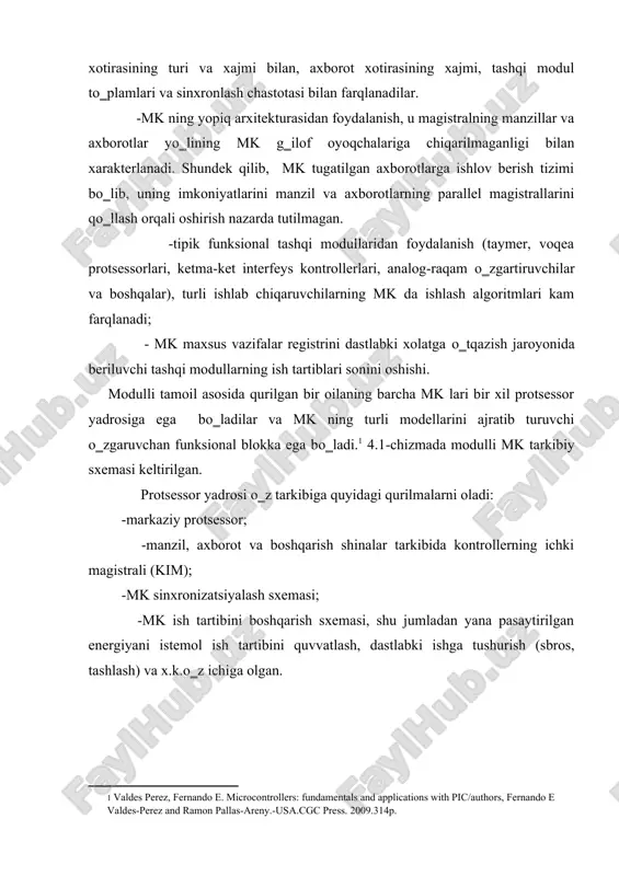 fatida bо‗ladi. о‗zgaruvchan funksional blok tarkibiga qо‗shimcha modul sifatida kuchlanish komparatori, analog-raqam о‗zgartiruvchi (arо‗) va boshqalar kirishi mumkun. xar bir modul mk tarkibida kontrollerning ichki magistralining (kim) protokollarini xisobga olingan xolda ishlashi uchun loyixalashtiriladi. ushbu yondoshish bir oila ichida tarkibi jixatidan turli mk yaratish imkonini beradi. mk protsessor yadrosining tarkibi. mk protsessor yadrosining unumdorligini belgilab beruvchi asosiy kо‗rsatgichlari quydagilardir: -oraliq axborotlarni saqlash uchun registrlar tо‗plami; -protsessorning buyruqlar tizimi; -xotira maydonini va operandlarni manzillash usullari; -buyruqlarni tanlash va bajarish jaroyonlarini tashkillashtirish. buyruqlar tizimi va operandlarni manzillash usullari nuqtaiy nazaridan xozirgi zamon 8-razryadli mk protsessor yadrosi protsessorlarning qurilish tamoillarining ikkitasidan birida joriy etiladi: cisc – arxitekturali protsessorlar, tо‗liq buyruqlar tizimini joriy etuvchi deb nomlanuvchi (complicated instruction set computer); risc – arxitekturali protsessorlar, qisqartirilgan buyruqlar tizimini joriy etuvchi (reduced instruction set computer). cisc –protsessorlari, katta tо‗plamli buyruqlarni rivojlangan imkoniyatli manzillashi loyixalashtiruvchiga kerakli operatsiyalarni bajarish uchun juda mos keladigan buyruqlarni tanlash imkonini beradi. 8-razryadli …