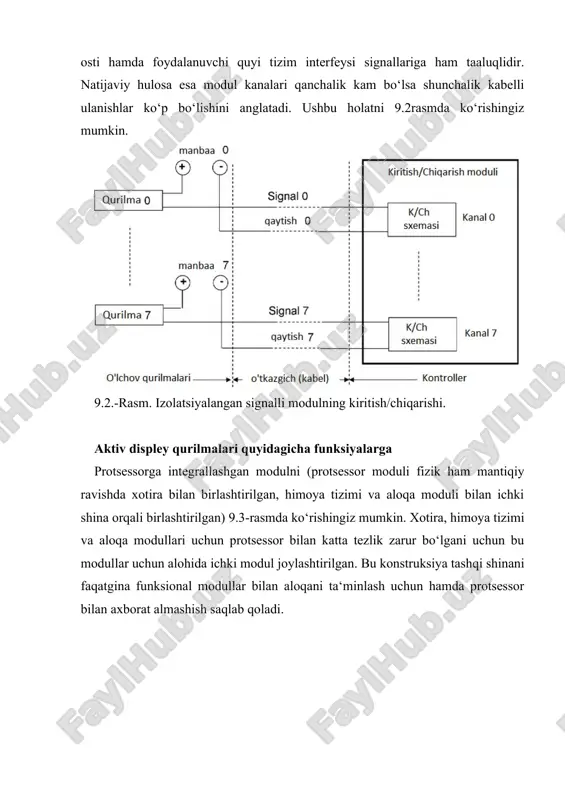 adi. 9.6.-rasm. modul shinasini (parallel) kengaytirish. modul shinasini kengaytirish uchun standart tizim kabellari shuningdek ularni o‘zaro ulanishlari, hamda asosiy va qo‘shimcha ramkalardagi shinalaga ulanishlari 9.7-rasmda ko‘rsatilgan. 9.7.-rasm. shinani kengaytiruvchi tizim kabeli. modul shinasini (ketma-ket) kengaytirish avvalgi kengaytirish usulida biz hamma shina signallarini parallel uzatish (ikkala yo‘nalishda ham) usuli orqali bitta ramkadan boshqasiga kengaytirish shinalari orqali kengaytirilishini ko‘rib chiqdik. 9.9-rasmda signallarni ikkala yo‘nalishda ham (signallarni ketma-ket – parallel va parallel – ketma-ket, kuchaytirgich yoki qayta uzatkichlar yordamida o‘zgartirishlar) bevosita shinaga joylashtirilgan bo‘lib, ketma-ket uzatish usuli orqali shinalarni kengaytirish usuli ko‘rsatilgan. 9.9.-rasm. modul shinasini (ketma – ket) kengaytirish. 9.10-rasmda esa misol tariqasida (ketma –ket) kengaytirish ko‘rsatlgan bo‘lib. bu qurilma yordamida ramkaga qo‘shimcha ramkalarni qo‘shish nisbatan uzoq masofadan ulash imkonini beradi, chunki ketma – ket ko‘rinishdagi signallarni uzoq masofalarga uzatish imkoni bor. 9.10.-rasm. modul shinasini (ketma-ket) kengaytirish. integrallashgan kontroller o‘lchov qurilmalari bilanto‘liq integrallashgan kontrollerni 9.11-rasmda ko‘rishimiz mumkin. bunday tizim xar bir ramkasi alohida …