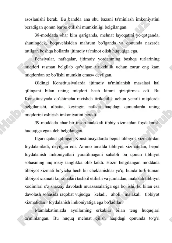 xususiyatlarini va ayollaming oiladagi mavqeini hisobga olib, qonunda ular uchun ma'lum yengilliklar va maxsus qoidalar belgilangan. ayollar sog'ligiga zarar keltirishini hisobga olib, ba'zi bir ishlarda ayollar mehnatidan foydalanish ta'qiqlanadi. masalan, ayollarning zaharli moddalar ajraladigan kimyo sanoatining ba'zi tarmoqlarida, yer osti ishlarida va boshqa bir qancha sohalarda ishlashlariga yo'l qo'yilmaydi. hoziigi vaqtda sanoat koixonalaridagi ishlar mexanizatsiyalashtirilgan bo'lishiga qaramay, ba'zi bir hollarda yuklarni qol bilan ko'tarib ko'chirish holatlari uchrab turadi. shuning uchun balog'at yoshidagi ayollar uchun yuk ko'tarish qoidalari belgilab qo'yilgan. ular qo'lda 20 kg gacha bo'lgan yukni va zambilkaltak bilan 50 kg dan oshmagan yukni tashishlari mumkin. farzand ko'rishi kerak bo'lgan va emizuvchi ayollarga maxsus yengilliklar tug'diriladi. bunday ayollarni va 8 yoshgacha bolalari ayollarni tungi ishdan (soat 22 dan soat 6 gacha), ishdan tashqari, dam olish kunlaridagi ishlarga jalb qilish va xizmat sa-fariga yuborish taqiqlanadi. ma'muriyat ba'zi hollarda, ayollarni shifokor xulosasiga asosan, o'rtacha ish haqini saqlagan holda, yen-gil ishlarga o'tkazishi lozim. …