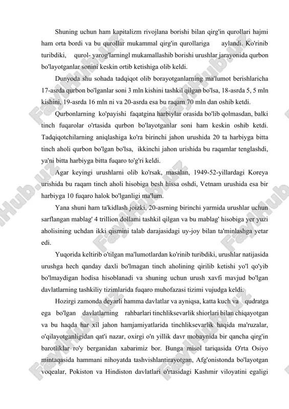 shga hech qanday daxli bo'lmagan tinch aholining qirilib ketishi yo'l qo'yib bo'lmaydigan hodisa hisoblanadi va shuning uchun urush xavfi mavjud bo'lgan davlatlarning tashkiliy tizimlarida fuqaro muhofazasi tizimi vujudga keldi. hozirgi zamonda deyarli hamma davlatlar va ayniqsa, katta kuch va qudratga ega bo'lgan davlatlarning rahbarlari tinchliksevarlik shiorlari bilan chiqayotgan va bu haqda har xil jahon hamjamiyatlarida tinchliksevarlik haqida ma'ruzalar, o'qilayotganligidan qat'i nazar, oxirgi o'n yillik davr mobaynida bir qancha qirg'in barotliklar ro'y berganidan xabarimiz bor. bunga misol tariqasida o'rta osiyo mintaqasida hammani nihoyatda tashvishlantirayotgan, afg'onistonda bo'layotgan voqealar, pokiston va hindiston davlatlari o'rtasidagi kashmir viloyatini egaligi haqidagi mojarolar, shuningdek, nato davlatlarining yugoslaviyaga qilgan hujumlari va chechenistondagi bo'layotgan voqealar keltirilishi mumkin. keltirilgan dalillardan ko'rinib turibdiki, fuqarolar muhofazasi zarurat sifatida vujudga kelgan fan hisoblanadi. fuqarolarni mudofaa qilish awal mudofaa vazirligining bir bo'linmasi sifatida vujudga keldi. uning tarkibiy qismlari belgilangandan keyin uning joylardagi bo'limlari tashkil qilindi. bu bo'linmalar asosan fuqarolar yashash va ishlash joylarida tashkil …