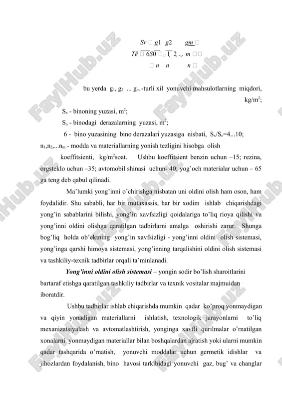 ning issiqlik ta’sirida, ximiyaviy va mikrobiologik usulda o’z-o’zidan alangalanish sharoitlarini bartaraf etish, belgilangan yonginga qarshi tadbirlarni to’liq amalga oshirish, bino chegarasini davriy ravishda tozalab turish kabi tadbirlar orqali amalga oshiriladi. yonginga qarshi himoya sistemasi - yongin o’chirish jihozlari va texnikalaridan, yonginning xavfli omillaridan himoya qiluvchi shaxsiy va jamoa himoya vositalaridan, yongin signalizatsiyasi va yongin o’chirish sistemasining avtomatik qurilmalaridan foydalanish, ob’ektning konstruksiyalari va materiallariga yongindan himoyalovchi tarkibli bo‘yoqlar bilan ishlov berish, tutunga qarshi himoya sistemalari, evakuatsiya yo’llari bo’lishini ta’minlash, binoning yongin mustahkamliligi darajasini to’g’ri tanlash kabi tadbirlarni o’z ichiga oladi. yonginning tarqalishini oldini olish sistemasi yonginga qarshi to’siqlarni o’rnatish, qurilmalar va inshootlarda avariya holatida o’chirish va qo’shish jihozlaridan va yongindan to’suvchi vositalardan, yongin vaqtida yonuvchi suyuqliklarning to’kilishini oldini oluvchi vositalardan foydalanish kabi tadbirlar orqali amalga oshiriladi. tashkiliy-texnik tadbirlarga yongindan himoyalanish xizmatini tuzish, uni texnik jihozlar bilan ta’minlash, yongin xavfsizligi bo’yicha ob’ektdagi moddalar, materiallar, jihozlar, qurilmalar va texnologik jarayonlarni pasportlashtirish, yongin muhofazasi …