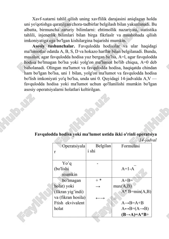 di va bularni tahlil qilish xavfli holat haqida deyarli aniq axborot olish imkoniyatini yaratadi. ba'zi hoilarda bu o'zgartirishlarni karno kartasidan foydala-nib ham, amalga oshiriladi. karno kartasi kvadrat kataklardan tashkil topgan bo'lib, uning har bittasi 2n n ta o'zgaruvchining bittasidan tashkil bo'lgan holatni ifodalaydi. o'zgaruvchilar ikki tizimli sonlar bilan belgilangan holda kartaning tashqi tomoniga yozib qo'yiladi: masalan, 1 o'zgaruvchining to'g'ridan-to'g'ri qiymatini belgilasa, 0 qarama-qarshi tomonini belgilaydi. misol uchun xy=01 va z=l qiymatlar kesishgan joy fikran yig'indining x*y*z ga monand bo'ladi. karno kartalari odatda quyidagi tartibda to'lg'iziladi. fikran hosila sifatidagi funksiyani fikran yig'indining tarkibiy qismlarga ajratiladi va ularni odatda alfavit tartibda joylashtiriladi va nomerlanadi. birinchi fikran yig'indi tashkil etuvchisini belgilovchi kataklarga 1 qo'yiladi va fikran yig'indi ikkinchi tashkil etuvchi kataklar topiladi va ular ichida 1 qo'yilmagan kataklar uchrasa, ular to'ldiriladi. shundan keyin keyingi fikran yig'indi tarkibiy qismlarini tashkil qiluvchi kataklar topiladi. shunday qilib, karno kartasiga hamma fikran yig'indilar tarkibiy qismlari qo'yib chiqilgan …