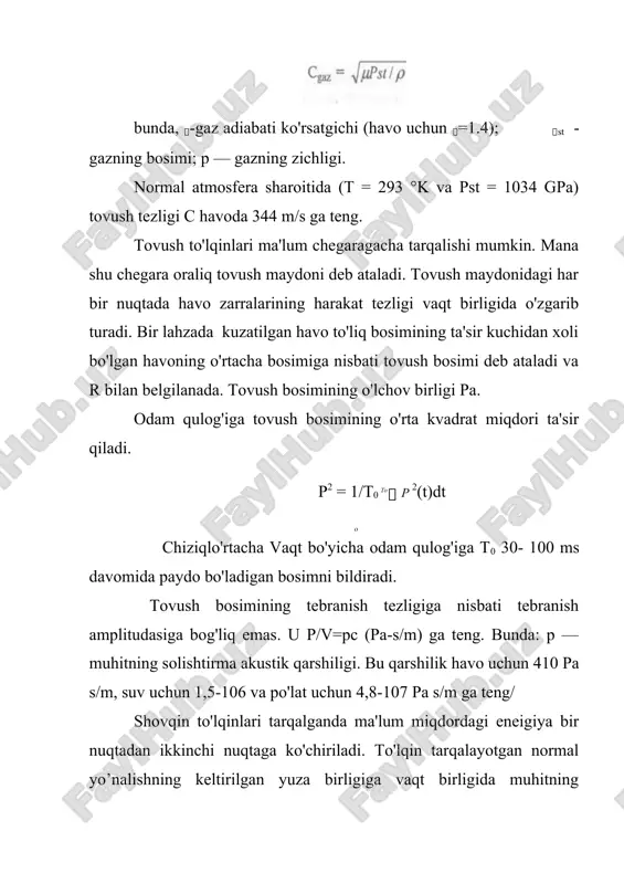 noat korxonalarida shovqinni o'lchashning db birligi qabul qilingan. tovush darajasi quyidagicha aniqlanadi. tovush bosimi bo'yicha esa l=lg p2/p0=20 ig p/p0, db tovush darajasini intensivligi bo'yicha aniqlash, asosan, akustik hisoblash ishlarida qo'llaniladi, bosim bo'yicha aniqlash esa shovqinni o'lchash va uning inson organizmiga ta'siri darajasini belgilaganda qo'llaniladi. chunki inson organizmi shovqinning intensivligini emas, bosimning o'rta geometrik miqdorini sezadi. agar biron nuqtaga bir nechamanbaning shovqini ta'sir qilayotgan bo'lsa, ularning darajasi emas, balki intensivligi qo'shiladi. i=i1+i2+…+in ularning darajalarini aniqlashda esa ayrim intensivliklarningj minimal eshitilish miqdoriga nisbati olinadi: 10 lg i =10lg( i1 + i2 +…+ in ), yoki i0 i0 i0 i0 l=10lg(10l/10+10l/10+…+10l/10) bu ko’lrilgan ifodalarninig amaliy ahamiyati sanoat korxonalarida shovqinni kamaytirish vaqtida yaxshi bilinadi. chunki agar korxonada o'rnatilgan bir necha shovqin manbayi bo'lgan taqdirda, ularning bir nechasining shovqini kamaytirilsa, u umumiy shovqin darajasiga hech qanday o'zgarish kiritilmasligi mumkin. ammo ish joylarida bar xil shovqin chiqaruvchi mexanizmlar bo'lsa, unda birinchi navbatda eng kuchli shovqin …