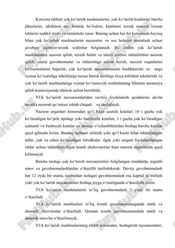 12 oyda bir marta, navbatdan tashqari guvohnomalash esa kapital ta’mirlash yoki yuk ko’tarish mexanizmlari boshqa joyga o’rnatilganda o’tkazilishi lozim. yuk ko’tarish mashinalarini to’liq guvohnomalash 3 yilda bir marta o’tkaziladi. yuk ko’tarish mashinalari to’liq texnik guvohnomalanganda statik va dinamik sinovlardan o’tkaziladi. qisman texnik guvohnomalashda statik va dinamik sinovlar o’tkazilmaydi. yuk ko’tarish mashinalarining elektr uskunalari, boshqarish mexanizmlari, tormoz, signal va dinamik sinovlardan o’tkaziladi. qisman texnik guvohnomalashda statik va dinamik sinovlar o’tkazilmaydi. yuk ko’tarish mashinalarining elektr uskunalari, boshqarish mexanizmlari, tormoz, signal xavfsizlik uskunalari yuk ko’tarish ilgagi va uni ko’tarish dastalari (arqonlar, bloklar va boshqalar) qarov va tekshirishdan o’tkaziladi.statik sinov yuk ko’tarish mashinalarini mustahkamlikka tekshirish maqsadida va uning ayrim elementlarini hamda xartumli kranlarni yuk ko’tarishda muvozanatini tekshirish uchun o’tkaziladi. tekshiruv mexanizmini yuk ko’tarish qobiliyatidan 25 % ortiqcha yuk bilan o’tkaziladi. rasm. ko’priksimon kranni statik sinash sxemasi. ko’priksimon kranlarni statik sinash signal quyidagi holatda amalga oshiriladi. kran tayanch ustidagi kran yo’llariga, uning telejkasi esa balka …