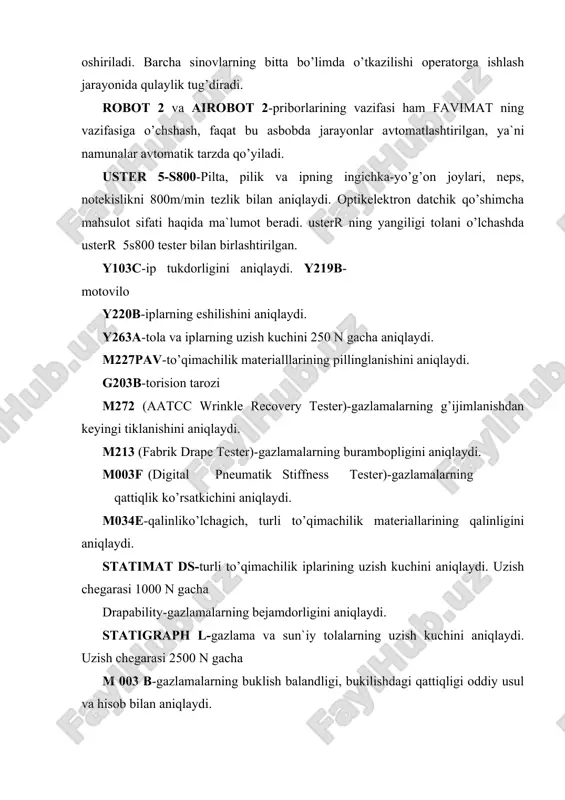 aterialovdenie”. ch. 3. m.: lyogprombыtizdat, 1992g. 3. ochilov t.а. va boshqalar. “to’qimachilik materiallarini sinash”. toshkent, «o’zbekiston» – 2004y. 4. e.аlimbaev va boshqalar: o’zbekistonda to’qimachilik sanoati mahsulotlari va ularning ishlab chiqarish texnologiyasi. t. “nozoila” nash. 2002y. 5. siddiqov p.s. texnologik jarayonlarni loyihalash. toshkent. “fan” nashriyoti-2006. 6. аzimov b. yigirish korxonalarini loyihalash. t. «o’qituvchi» 1994y. 7. jumaniyazov q., polvonov y. paxtani yigirish texnologik jarayonlarini loyihalash. toshkent-2008 8. teryushnov а.v. osnovi proyektirovaniya xlopko pryadilnix fabriki. m. legprombitizdat. 1979g.