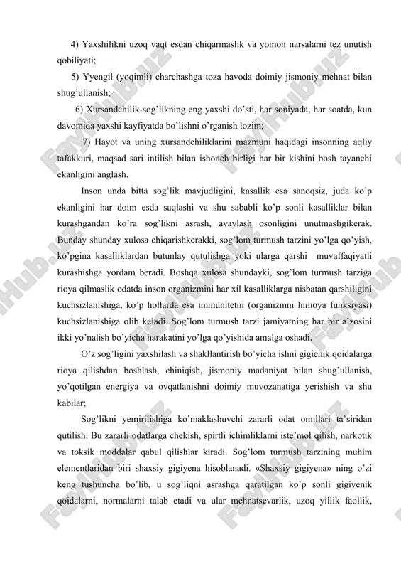 y gigiyena» ning o’zi keng tushuncha bo’lib, u sog’liqni asrashga qaratilgan ko’p sonli gigiyenik qoidalarni, normalarni talab etadi va ular mehnatsevarlik, uzoq yillik faollik, yuqumli va yuqumsiz kasalliklarni oldini olish bo’yicha ishlar hisoblanadi. shaxsiy gigiyena o’z ichiga quyidagilarni oladi: 1) terini parvarishlash; 2) tishlarni parvarishlash, sog’likni parvarishlash; 3) ust kiyim, bosh va oyoq kiyimlari gigiyenasi. shaxsiy gigiyena o’z navbatida ijtimoiy, qolaversa butun jamiyat gigiyenasi uchun katta ahamiyatga ega. ommaviy axborot vositalarida so’nggi yillarda shaxsiy gigiyenaga katta e’tibor berilmoqda. bozor iqtisodiyoti islohotlari mamlakatimizda sog’lom turmush tarziga rioya qilish alohida ahamiyat kasb etadi, chunki ko’pgina kasalliklardan davolanish juda qimmat turadi. sog’lom turmush tarzini olib borish nafaqat jismoniy sog’likni asrashga e’tibor qaratishni balki, fizik sog’likka ta’sir etadigan ruhiy-hissiy sog’lik haqida ham doimiy qayg’urishni talab etadi. ruhiy kasalliklarni (ayniqsa surunkali ruhiy kasalliklarni) har xil jismoniy kasalliklarga olib kelishi hammaga ma’lum. 2.turmush tarzining kasallik profilaktikasi bilan aloqasi butunjahon sog’likni saqlash tashkilotining aniqlashi bo’yicha inson sog’ligining …