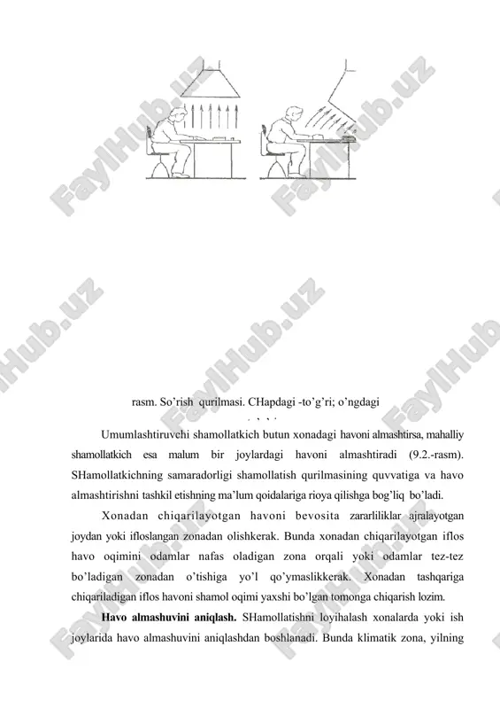 llarini sarfi (purkashda qc =60 - 90 g/m2 yoki shyotka bilan bo’yashda qc =100 - 180 g/m2), ichki yonuv dvigatellari ishlaganda havoga ajralib chiqadigan zararli moddalarning vdv (uglyerod oksidi, azot va aldegid oksidlari) miqdori ( kg/soat). vdv =(a1+b1vdv) qx t/6000, (9.4.) bu yerda a1 va b1 teng koeffisientlar: karbyuratorli dvigatellar uchun a1=9, b1=12; dizel dvigatellar uchun a1=160, b1=13,5; vdv-dvigatel silindrlarining ishchi hajmi, l; qx-ishlangan gazlardagi zararli moddalarni hajmiy hissasi (karbyuratorli dvigatellar uchun-uglyerod oksidi – 4…6 %, dizel dvigatellari uchun uglyerod oksidi 0,05…0,07 %, azot oksidi 0,007…0,009 %, aldegid oksidi 0,035…0,050 % qabul qilinadi); t-dvigatelning ish vaqti. ayrim qishloq xo’jalik ishlab chiqarish xonalarida, masalan temirchilik xonasida, oziqa sexlarida, issiqxonalarda va shunga o’xshashlarda ortiqcha issiqlik ajralishi kuzatiladi. ortiqcha issiqlikni chiqarish uchun havo almashinuvi wi (m3/soat) wi =3,6qopt/c rbh(tbb-tbh), (9.5.) bu yerda qort-xonadagi manbalardan ajralgan ortiqcha issiqlikning umumiy miqdori, vt; s-quruq havoning issiqlik sig’imi (taxminan 1 j/kg kalloriyaga teng); rvn-xonaga kiradigan havo zichligi …