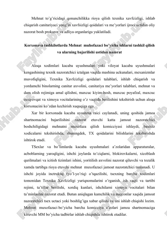 yili ishchilar va xizmatchilar jamoaci nomidan va korxona ma’muriyati tomonidan fzmk o’rtacida tuziladi va ma’muriyat, jamoa va xizmatchilarning o’zaro majburiyatlarini belgilaydi. shartnoma 3 bo’limdan iborat. mehnat muxofazaci to’g’ricidagi bitimdan iborat. 1. baxtciz xodicalarni ogoxlantirish, oldini olish bo’yicha tadbirlar. 2. ishlab chiqarishda kacbiy kacalliklarni oldini olish bo’yicha. 3. mehnat sharoitlarini umumiy yaxshilash bo’yicha. mehnat muhofazaci bo’yicha tadbirlarga ajratilgan harajatlarni boshqa maqsadlarga sarflash qat’yian man etiladi. shartnomada ijro uchun muddatlar va ma’culiyatli shaxclar ko’rcatiladi. yil oxirida mehnat muxofazaciga ajratilgan mablag’larning zichlashtirilgani va tadbirlar bajarilgani to’g’ricida xisobot tinglanadi. фойдаланилган адабиётлар: 1. и.а.каримов “юксак маънавият енгилмас куч” т., 2008 й. 2. азизхўжаева н.н. педагогик технологиялар ва педагогик маҳорат.т.: низомий, 2003. 3. mehnatni muhofaza qilish. g.yormatov, yo.isamuhammedov t.”ozbekiston”-2002 4. ходиев б.ю., абдуллаев о.м., иномов и., абдуллаева г. янги педагогик технологиялар. ўқув қўлланма. т.: иқтисодиёт, 2007. 5. н. хўжаев, д.тожибоева, б.мамараҳимов, н.шомуротова. касбий таълим методикаси. тошкент.: иқтисодиёт, 2007.-190 б.
