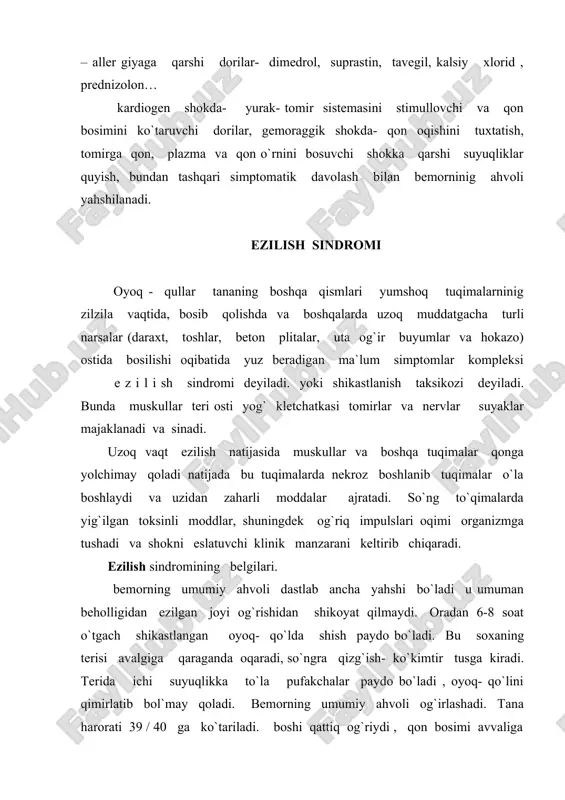 ar turlari qo`yidagilar: termik: - issiq suvdan, olovdan, cho`g`dan, bug`dan kimyoviy:- kislota va ishqorlardan , uksus essentsiyasidan nur energiyasi va elektr tokidan kuchli kuyishlarda bemorda jiddiy umumiy buzilishlar kuzatiladi va kuyish kasalligi rivojlanadi. utkir kuyishda kasallikning kechishi shok, toksemiya, septiko - toksemiya va rekonvalestsensiya davrlari farq qiladi. shok davri - kuyishda travmatik shokni eslatadi, biroq u organizmni yaqqol intoksikatsiyasi va plazma yuqotilishi hisobiga birmuncha og`ir kechadi. travmatik shokdagi singari bemor erektil bosqichida qo`zg`algan bo`ladi , qon bosimi oshib, pulsi tezlashadi. toptid bosqichida hayotiy jarayonlar keskin pasayib ketadi: bemor harakatsiz, tana harorati va qon bosimi pasaygan , terisi oqargan, yuz qoyifasi jiddiylashgan, akrotsianoz paydo bo`ladi. siydik ajralishi kamayib, to`liq anuriyaga boradi. toksemiya davri- kuyishdan keyin bir necha soat utgach boshlanadi. kuygan yuzada kup miqdorda plazma yuqotilishi bilan birga zaharli moddalarning surilishi boshlanadi. bu davrda bemorning ahvoli nihoyatda og`ir, harorati juda yuqori, ishtahasi va uyqusi buzilgan, qusadi, ichi kelmaydi. qon quyuqlashgani sababli …