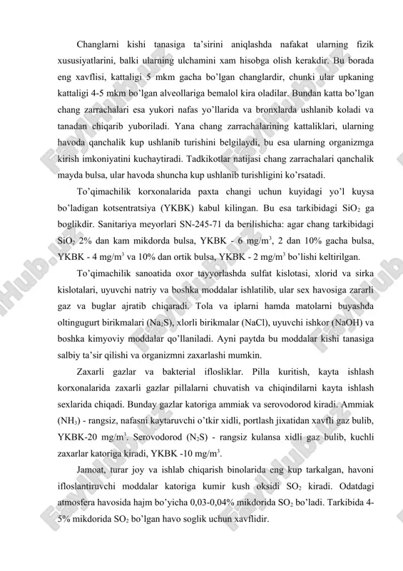 hiqindilarni kayta ishlash sexlarida chiqadi. bunday gazlar katoriga ammiak va serovodorod kiradi. ammiak (nh3) - rangsiz, nafasni kaytaruvchi o’tkir xidli, portlash jixatidan xavfli gaz bulib, ykbk-20 mg/m3. serovodorod (n2s) - rangsiz kulansa xidli gaz bulib, kuchli zaxarlar katoriga kiradi, ykbk -10 mg/m3. jamoat, turar joy va ishlab chiqarish binolarida eng kup tarkalgan, havoni ifloslantiruvchi moddalar katoriga kumir kush oksidi so2 kiradi. odatdagi atmosfera havosida hajm bo’yicha 0,03-0,04% mikdorida so2 bo’ladi. tarkibida 4-5% mikdorida so2 bo’lgan havo soglik uchun xavflidir. zaxarli moddalar inson organizmiga nafas olish yo’llari, teri va oshkozon-ichak yo’li orqali kiradi. ishlab chiqarish xonalarida mazkur gazlarning mavjud bo’lishi yokimsiz chirindi xidini keltirib chiqaradi. bunday xid ishlovchilarning sogligiga yomon ta’sir ko’rsatadi va mexnat unumdorligini kamaytiradi. ishchilar gayriixtiyoriy ravishda nafas olishni kamaytiradilar, bu esa yopkaning yomon ishlab, bronxial astma yoki astmali bronxit kasalligini keltirib chiqarishi mumkin. pillalarni kuritish jarayonidayok gumbak parchalanib, yozidan chirish maxsulotlari ajratib chiqaradi. bu jarayon pillalar yukori namli …