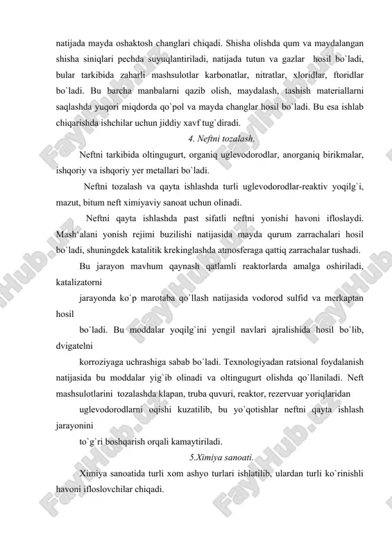 ishlab chiqarish korxonalarida atmosferaga ajralib chiqadigan doza o`n barobar yuqori bo`ladi. sulfat kislotani maydalangan fosfat rudasi bilan qayta ishlash natijasida superfosfat o`g`itlar olinadi. natijada atmosferaga vodorod ftorid va boshqa ftortarkibli gazlar ajralib chiqadi. bundan tashqari g`ishtni pechda kuydirish natijasida ftor bulutlari ajralib chiqadi. qog`oz va tsellyo’loza sanoatida havoga vodorod sulfid va merkaptanlar ajralib chiqadi. maydalangan yog`och reaktorda neytral sulfit yoki ishqor reagenti bilan qayta ishlanadi. neytral sulfitda natriy sulfat va biokarbonat bufer aralashmasi, ishqoriy reagentda natriy sulfit bilan gidrooksid aralashmasi bo`ladi. bundan tashqari qog`oz tsellyo’loza sanoatida apilka qirindisi va ildizlarni kuydirish natijasida tutun hosil bo`ladi. lak sanoatida asosan smola ishlab chiqarishda atmosferaga uglevodorodlar aralashmasi ajralib chiqadi. yuzani buyash natijasida erituvchi bug`lari ajralib chiqadi, bu esa zaharlanishga olib keladi. adabiyotlar 1. а. қ. қудратов меҳнат муҳофазаси. тошкент- 1995. 2. а. к. кудратов. охрана окружаюшей среди на предприятиях хлопкоочистительной и шелковой промишленности. «укитувчи» тошкент - 1995. 3. и. каримов. ўзбекистоннинг ўз истиқлол …